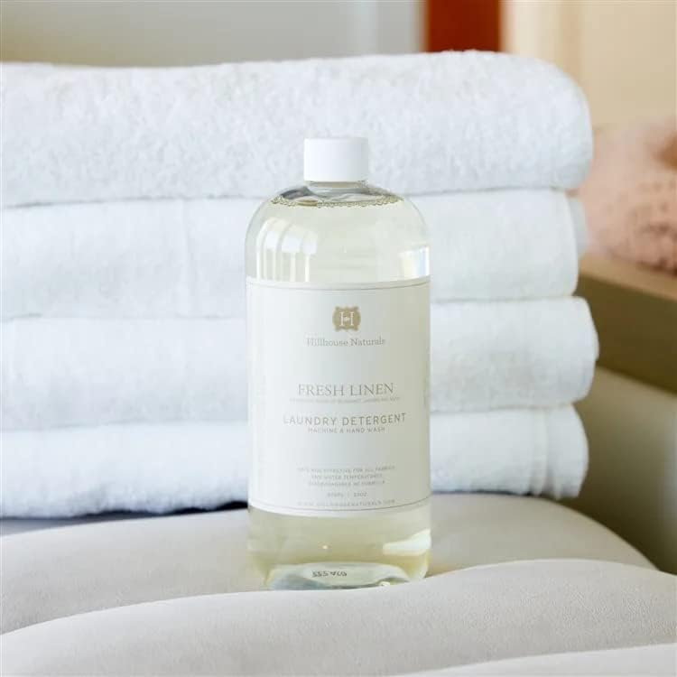 Hillhouse Naturals 32oz Fresh Linen laundry detergent. With scents of lemon and orange interwoven with bergamot, rose, jasmine and musk. Made in the USA
