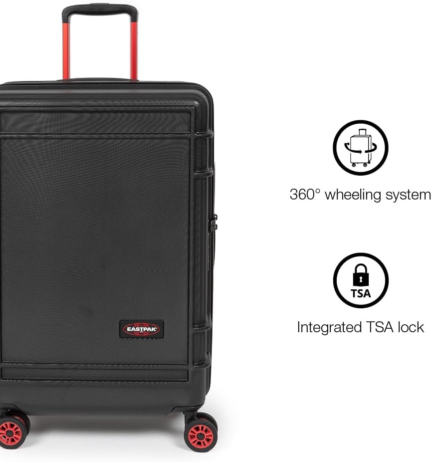 EASTPAK Resist'R Zip M – 63L Hardshell Suitcase with Dual Compartments, TSA Lock, Silent 360° Spinner Wheels & Water-Resistant Design, Black