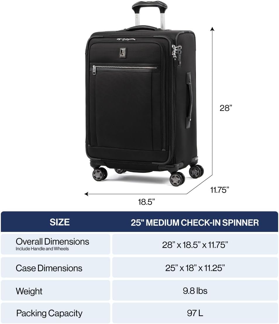 Travelpro Platinum Elite Softside Expandable Checked Luggage, 8 Wheel Spinner Suitcase, TSA Lock, Men and Women, Shadow Black, Checked Medium 25-Inch