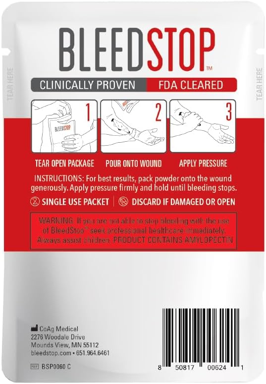 BleedStop™ First Aid Powder for Blood Clotting, Trauma Kit, Blood Thinner Patients, Camping Safety, and Survival Equipment for Moderate to Severe Bleeding Wounds or Nosebleeds - 1 (60g) Pouch