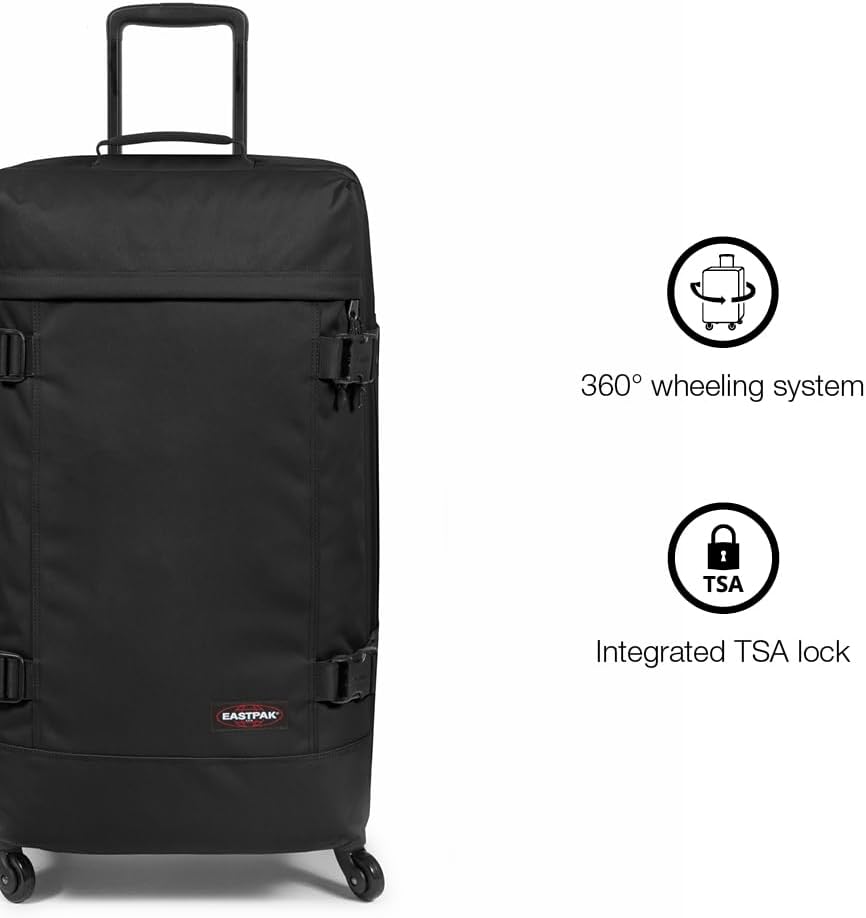 EASTPAK Trans4 L – 80L Large Wheeled Luggage with Dual Compartments, TSA Lock, 360° Spinner Wheels, and Diamond-Embossed Handle, Black Denim