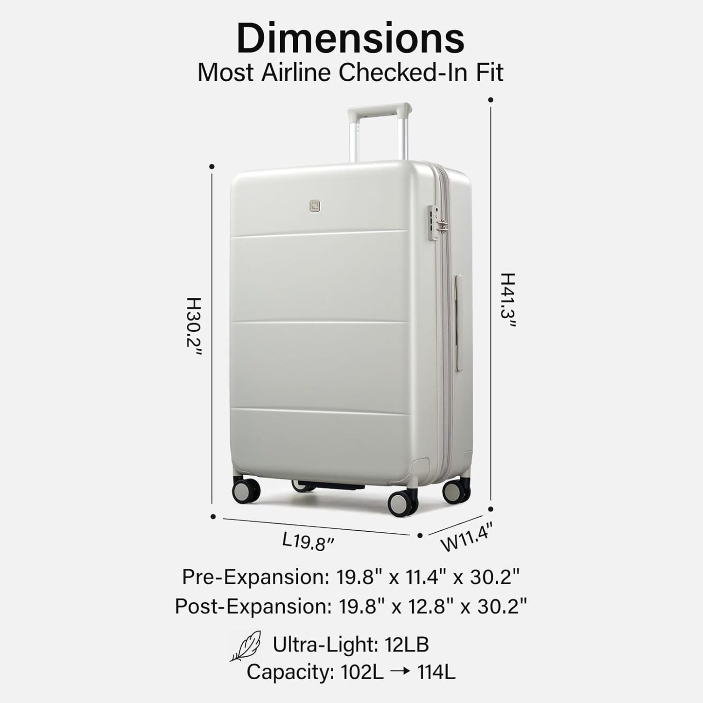 Hanke Expandable 28 Inch Luggage with Spinner Wheels, Hardside Large Suitcase, All-PC Hard Shell Checked Luggage, TSA Lock, Durable Checked-Large (Smoke White, 114L)