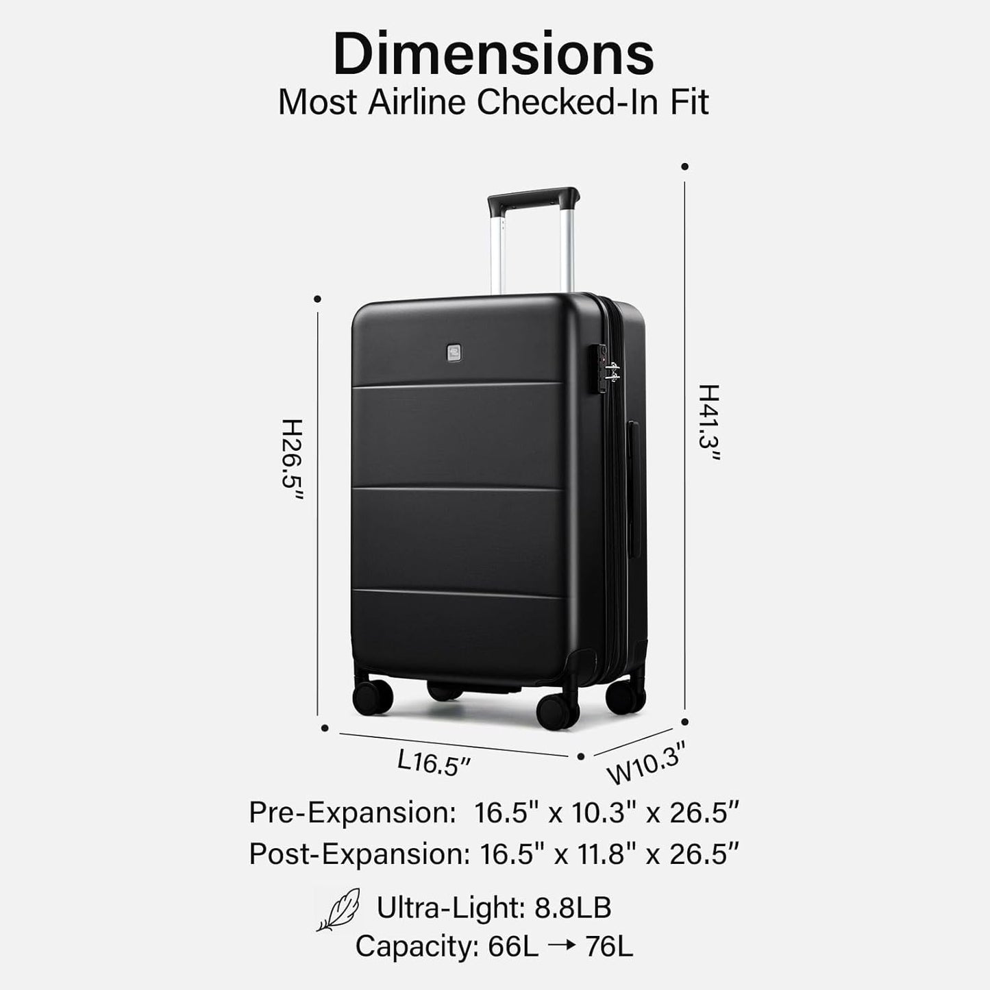 Hanke Expandable 24 Inch Luggage with Spinner Wheels, Hardside Medium Checked luggage, All-PC Hard Shell Suitcase, TSA Lock, Lightweight Checked-Medium (Jet Black, 76L)