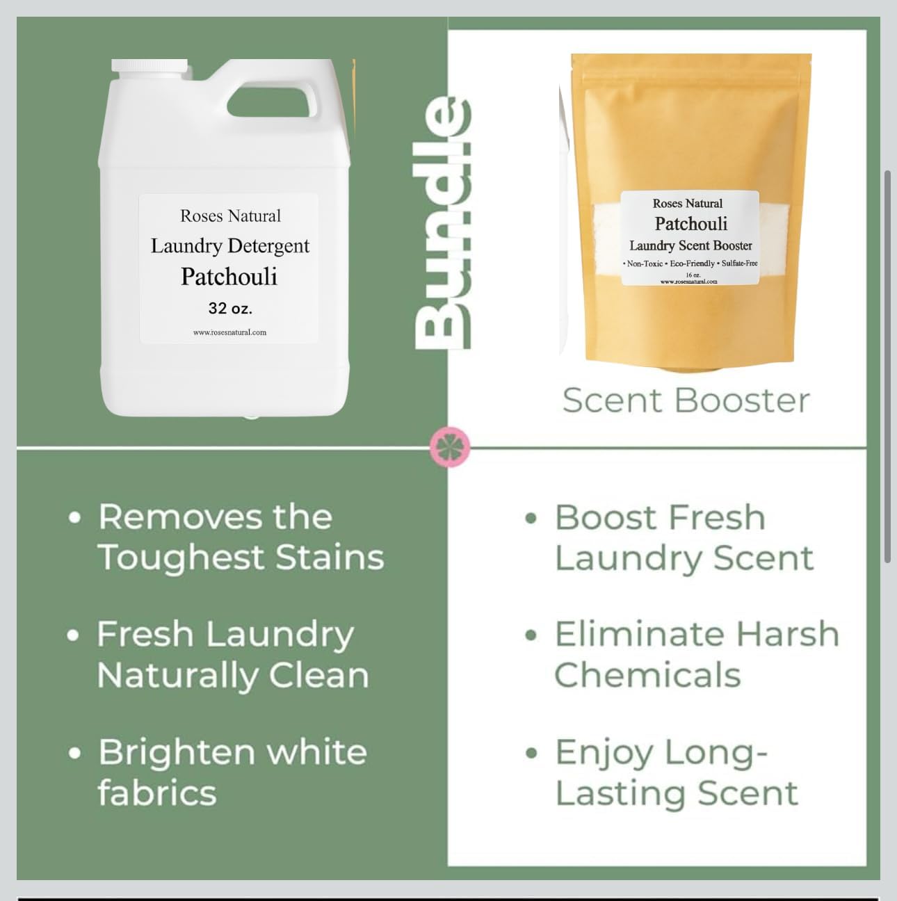 Patchouli Laundry Detergent & Scent Booster Bundle – 32 oz Detergent + 32 oz Booster, Long-Lasting Freshness, Natural Plant-Based Laundry Set, Eco-Friendly & Sulfate-Free, Made in USA