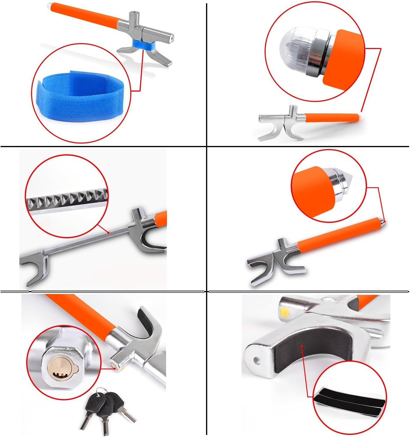 Tevlaphee Steering Wheel Lock, Steering Lock, Car Anti-Theft Device, Adjustable, Universal Fit, Heavy Duty Secure, 3 Keys, Emergency Hammer Window Breaker(Orange)