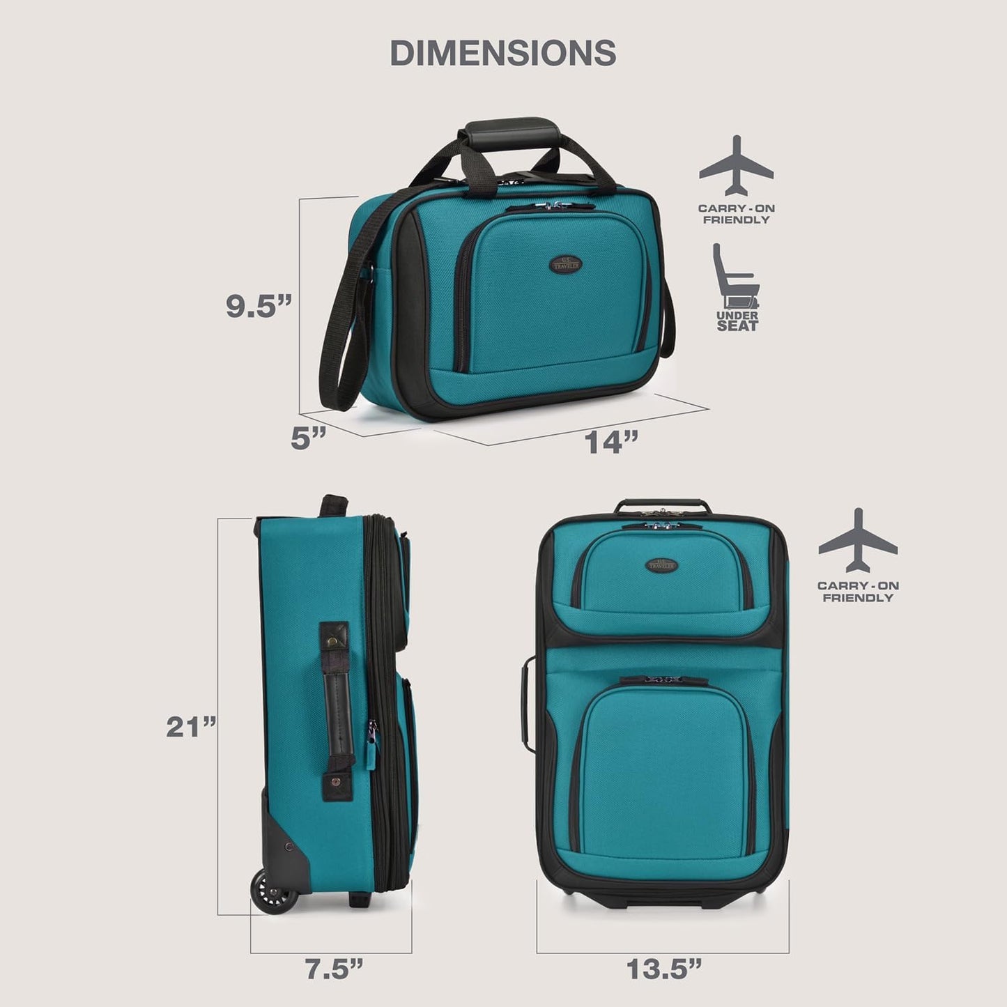 U.S. Traveler, Rio Rugged Fabric Expandable Upright Rolling Carry-on Luggage Set w/Tote Bag, Teal, 2-Piece (21/14)