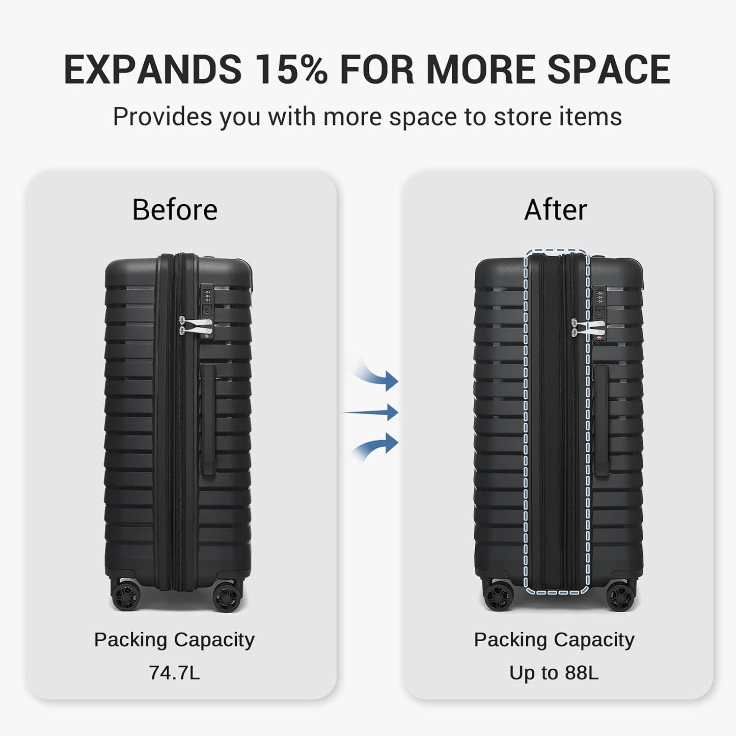 Kono 24 Inch Expandable Luggage Suitcase with Spinner Wheels, Durable Hardside Checked Luggage with Hidden Cup Holder, Lightweight Hard Shell Medium Suitcase with TSA Lock(Black)