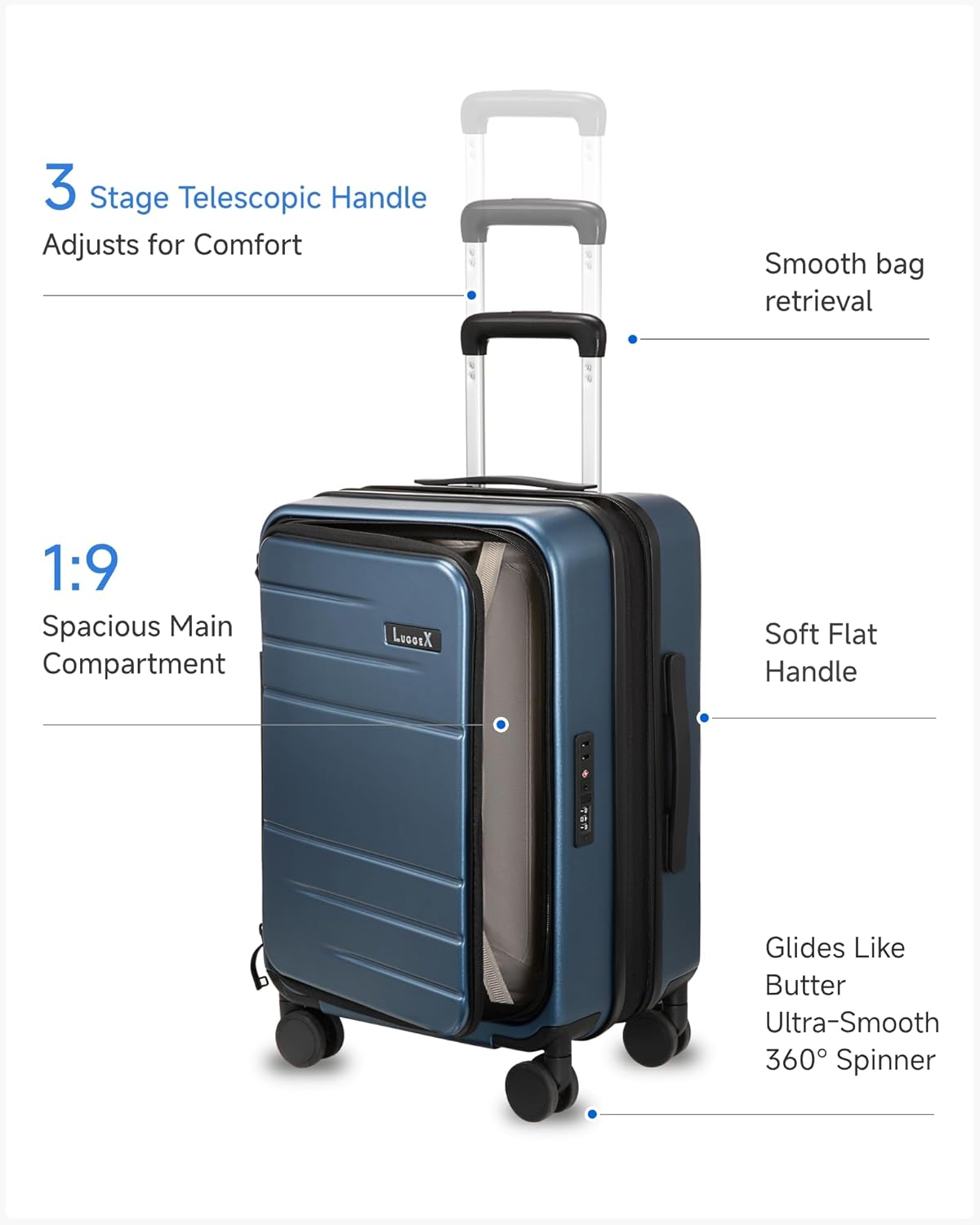 Carry On Luggage Top Opening, FLT Expandable Polycarbonate Hard Shell Suitcase with Wheels (FX-Lite, Blue, 20 Inch, 36L-41L)