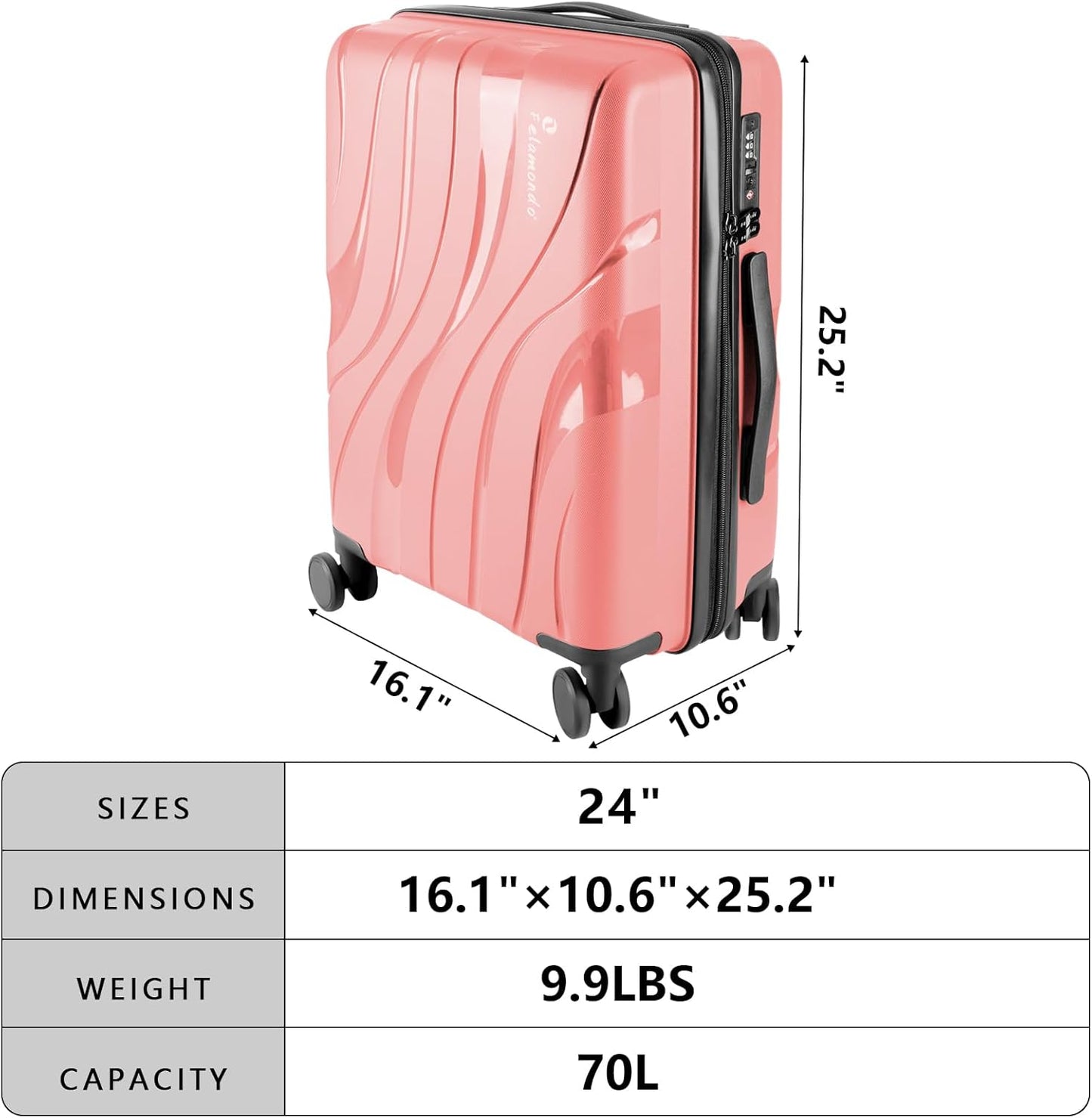24-Inch Lightweight Hardshell Check-In Luggage – TSA Lock, 360° Spinner Wheels, Explosion-Proof Zipper – Durable Suitcase for Business Travel & Vacations (Pink)