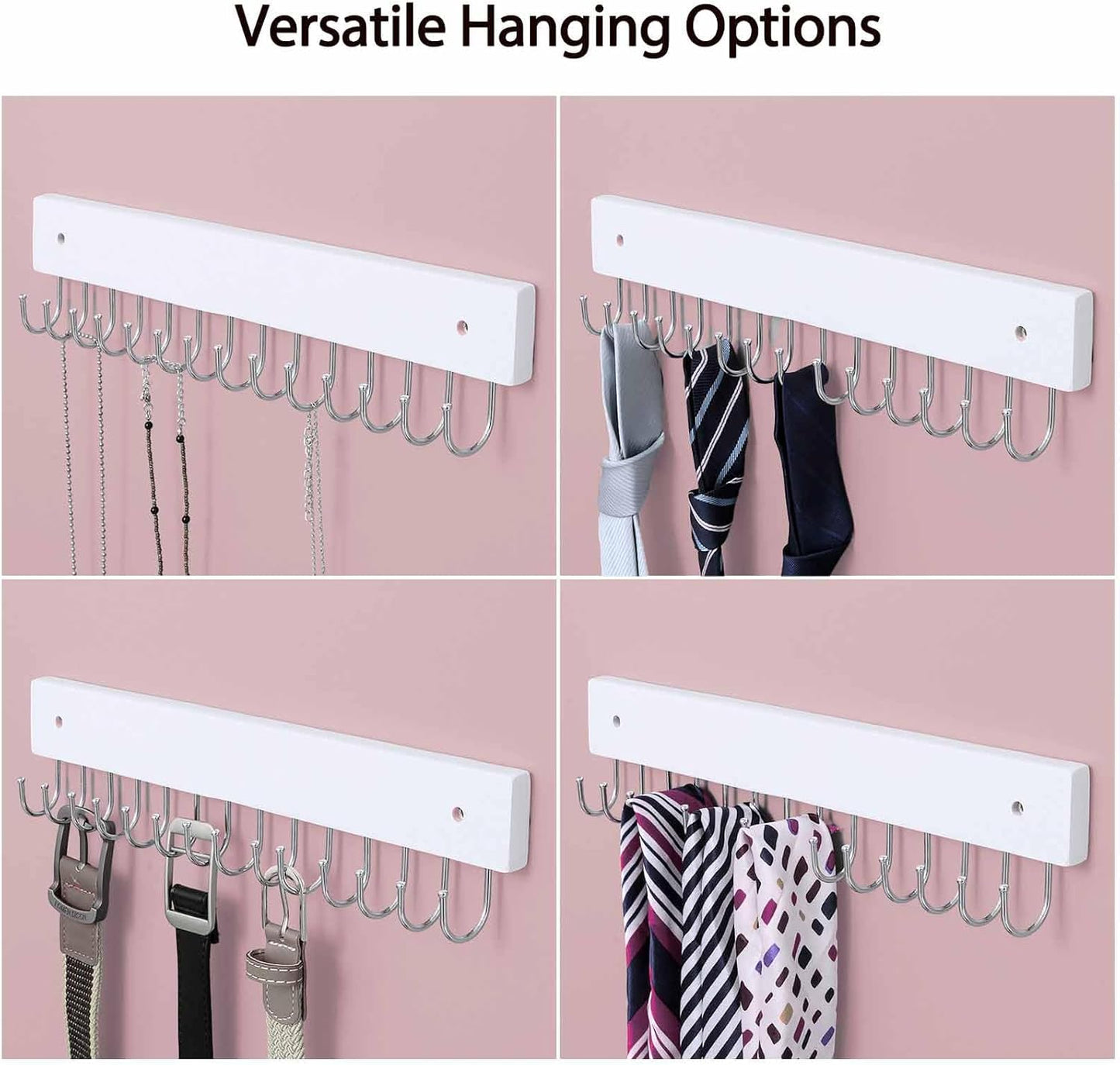 Hanging Jewelry Organizer Wall Mounted, Modern Jewelry Display with 28 Hooks, Decorative Necklace Holder for Wall, Space Saving Necklace Hooks, (2 Packs, White)