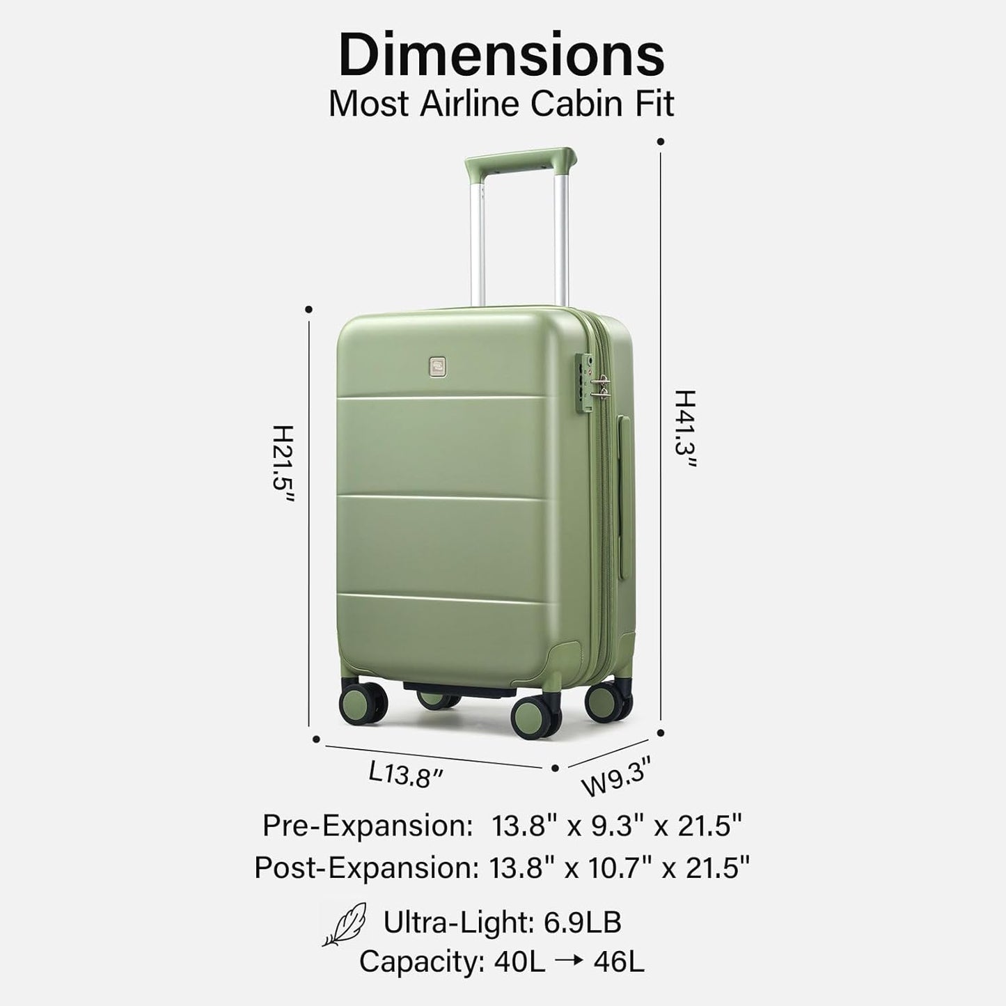 Hanke Expandable Carry On Luggage 22x14x9 Airline Approved, 20 Inch Hardside Luggage with Spinner Wheels, All-PC Hard Shell Carry-On Suitcase, Lightweight & TSA Approved (Bamboo Green, 46L)