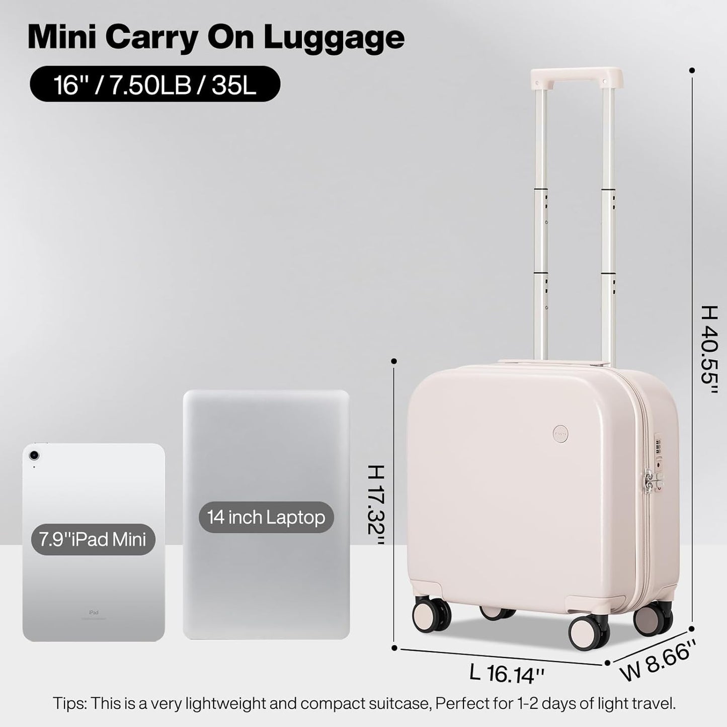 mixi Carry on Luggage, Suitcase with Spinner Wheels 16in Luggage Hardshell Lightweight Rolling Suitcases PC with Cover & TSA Lock, Off White(Slight Pink)