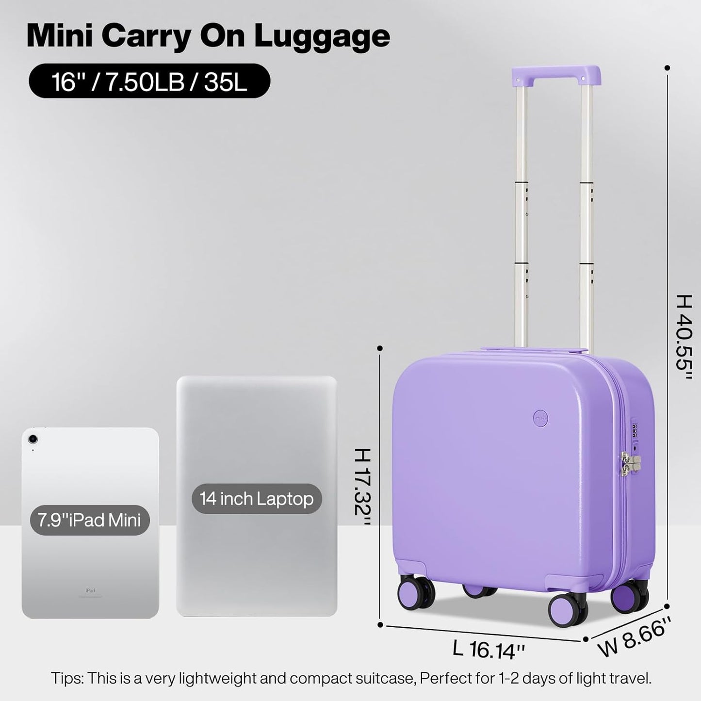 mixi Carry on Luggage, Suitcase with Spinner Wheels 16in Luggage Hardshell Lightweight Rolling Suitcases PC with Cover & TSA Lock, Lilac Purple