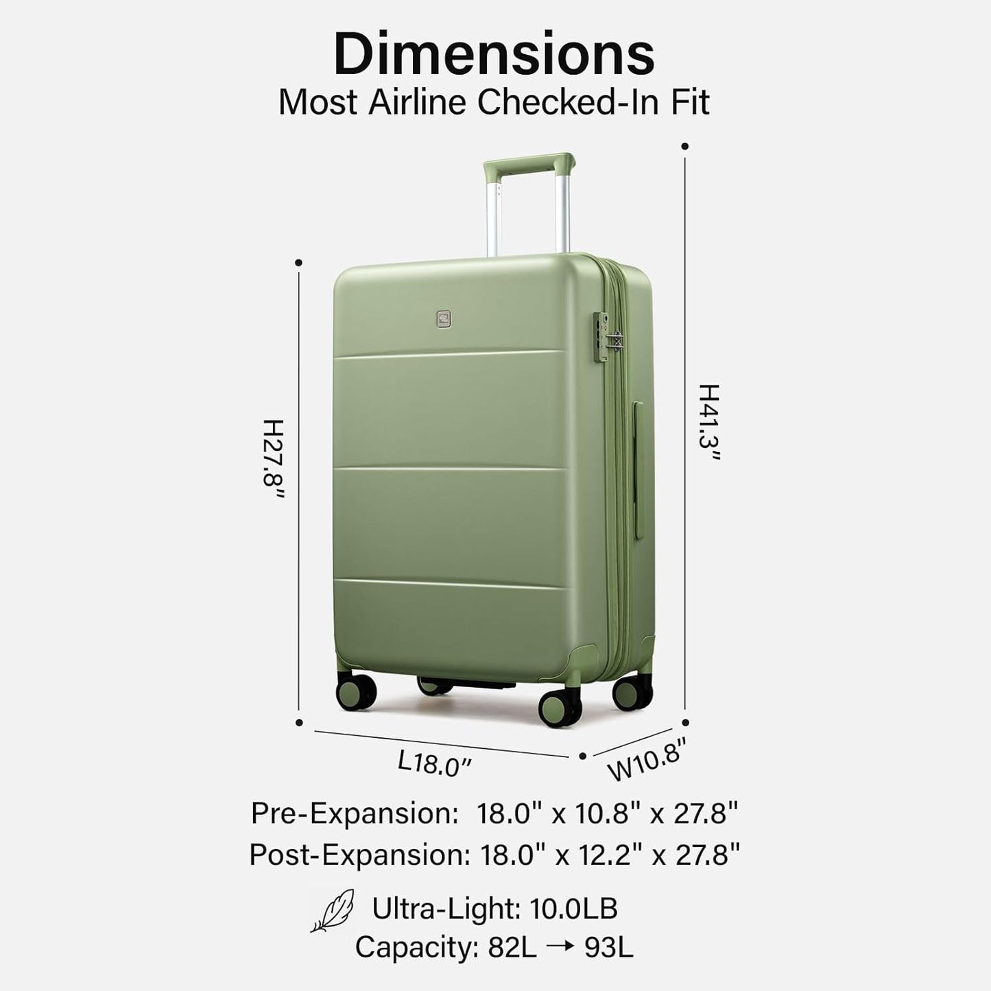 Hanke Expandable 26 Inch Luggage with Spinner Wheels, Hardside Large Suitcase, All-PC Hard Shell Travel Luggage, TSA Lock, Lightweight Durable Checked-Medium (Bamboo Green, 93L)