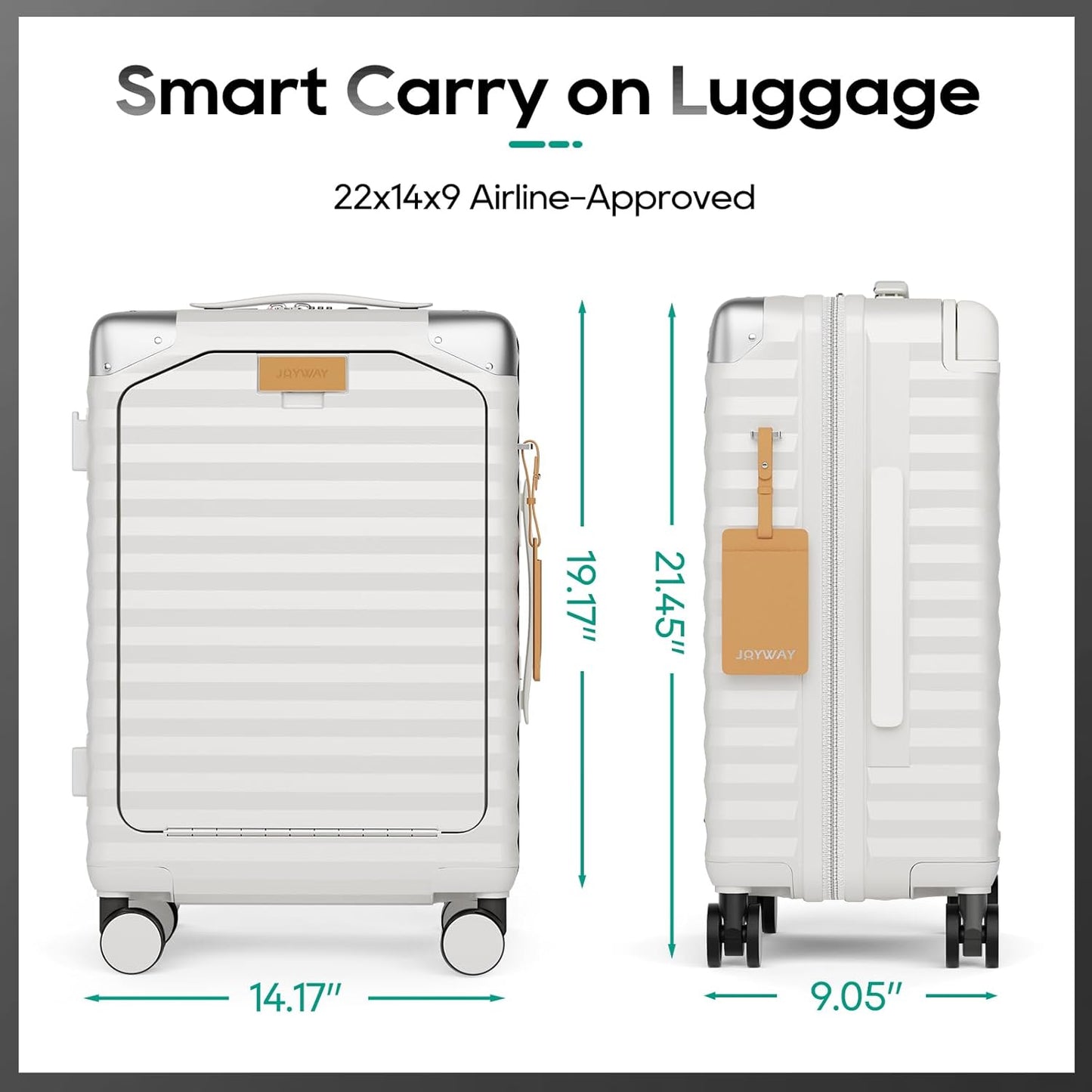 Joyway 20 Inch Carry on Luggage with Front Pocket, PC Hardshell Carry-on Suitcase with USB Port and Cup Holder, 21.5x14.2x9 Airline Approved, Luggage with Spinner Wheels and TSA Lock (White)