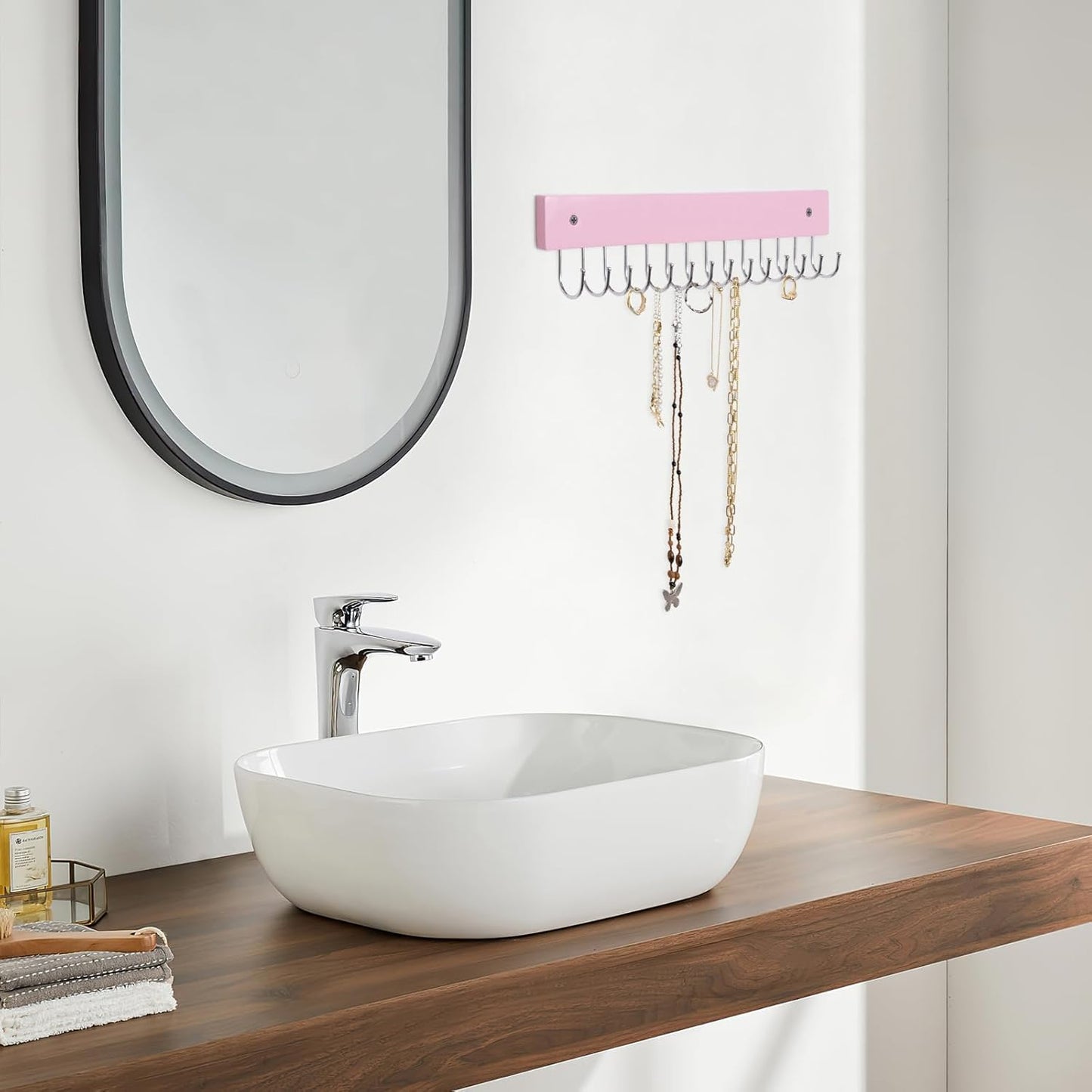 Wall Mounted Necklace Holder, Morden Style Necklace Holder, Tangle Free Wall Jewelry Organizer with 28 Hooks(2 Packs,Pink)