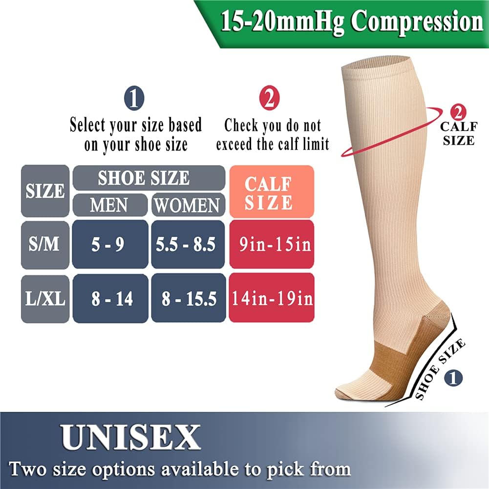 QUXIANG Copper Compression Socks for Women & Men Circulation (8 Pairs) - Best for Running Athletic Cycling - 15-20 mmHg