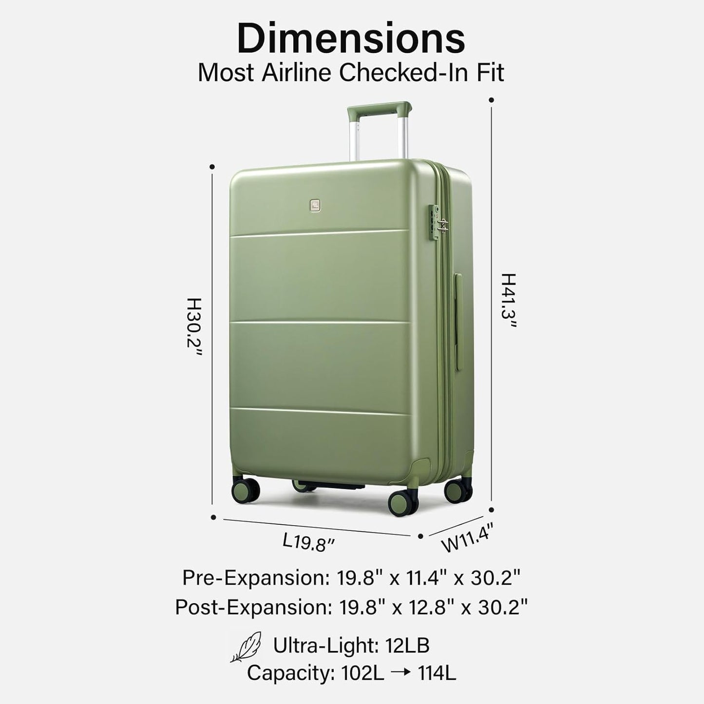 Hanke Expandable 28 Inch Luggage with Spinner Wheels, Hardside Large Suitcase, All-PC Hard Shell Checked Luggage, TSA Lock, Durable Checked-Large (Bamboo Green, 114L)