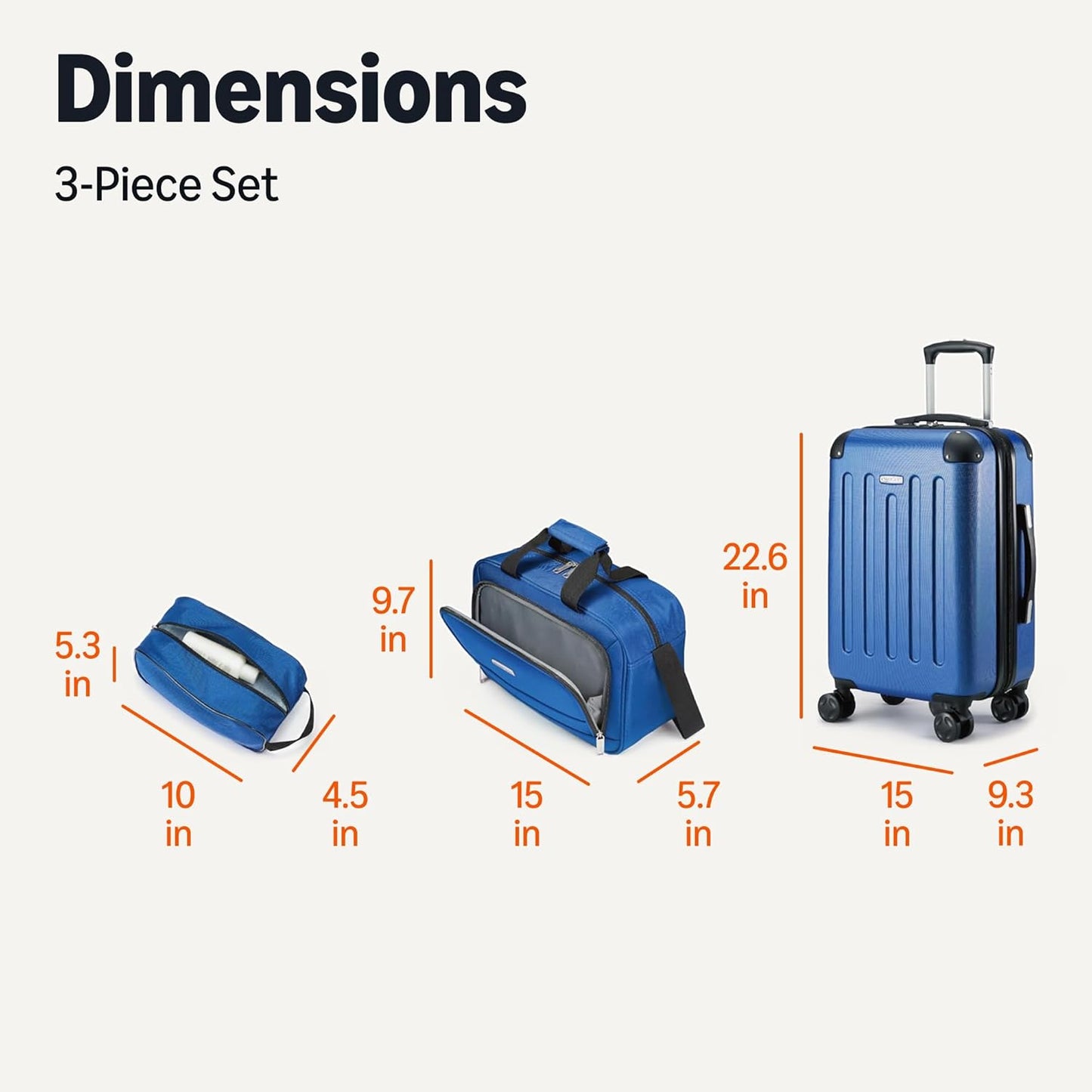 Amazon Basics 3-Piece Luggage Set, Including One Carry-On Luggage (22" Expandable Hardside Suitcase With 8 Spinner Wheels), One 15-inch Tote Bag, and One 10-inch Compact Travel Bag, Navy Blue