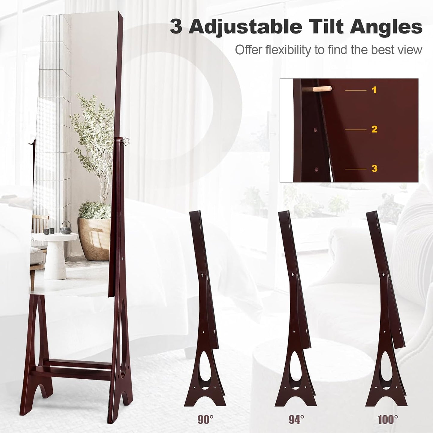 Giantex 12 LED Jewelry Armoire Cabinet with Frameless Full-length Mirror, Standing Jewelry Cabinet with 16 Lipstick Holders, Large Storage Capacity, 3 Angles Adjustable (Brown)