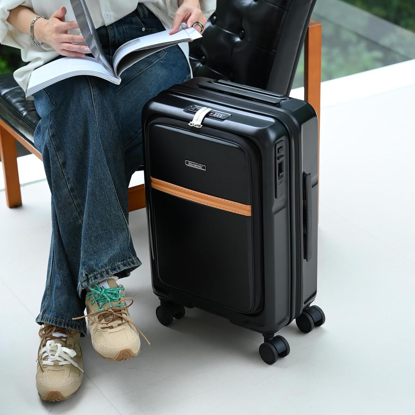 ROAMING Expandable 20 Inch Carry On Luggage with Mute Brake Wheels Airline Approved Hard Shell Suitcases with Front Pocket Top Opening Luggage with TSA Lock for Short Business Travel, Black