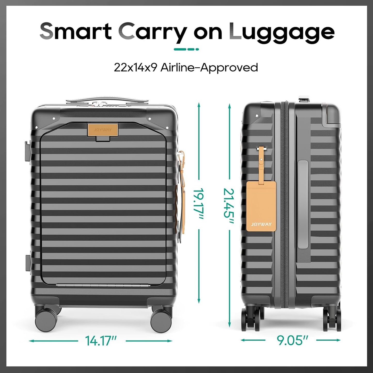 Joyway 20 Inch Carry on Luggage with Front Pocket, PC Hardshell Carry-on Suitcase with USB Port and Cup Holder, 21.5x14.2x9 Airline Approved, Luggage with Spinner Wheels and TSA Lock (Grey)