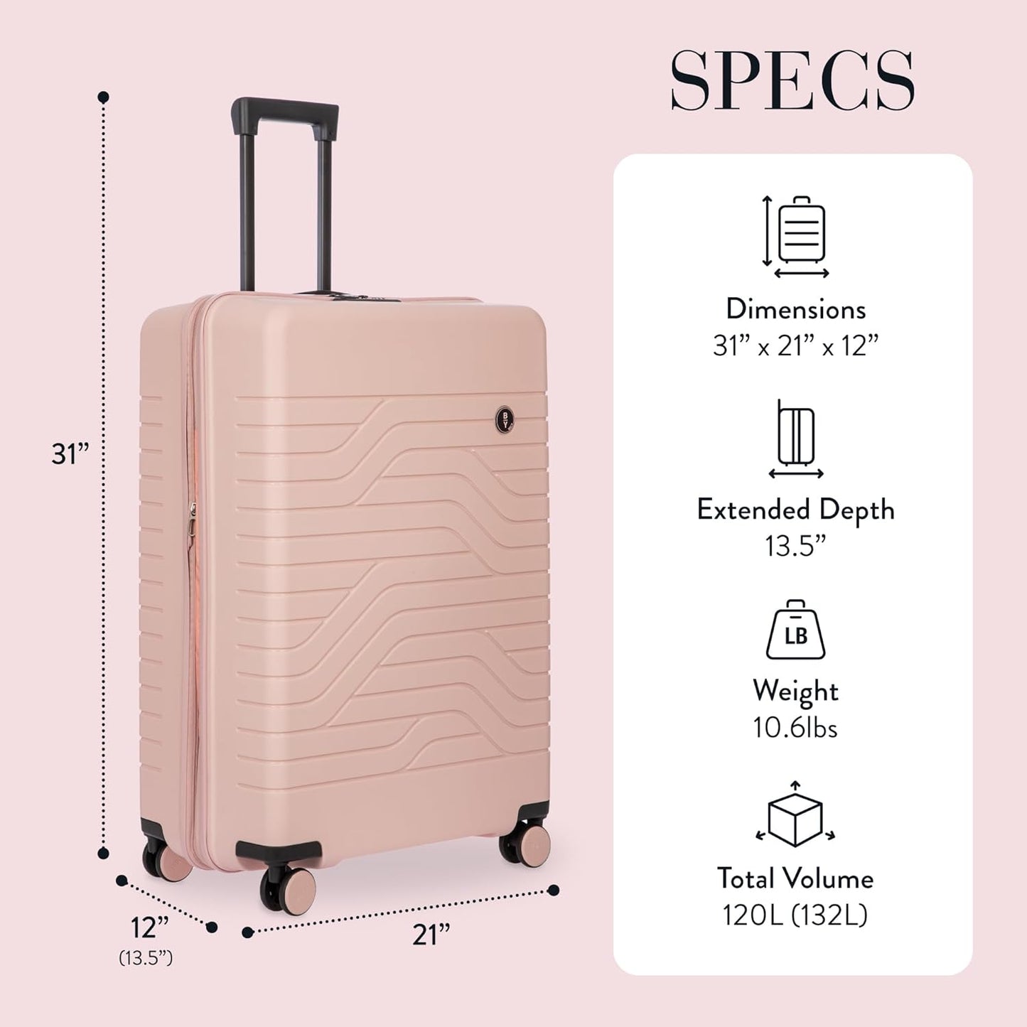 Bric's B|Y Ulisse Spinner Suitcase, Expandable Hard Shell Luggage with TSA Lock and Smooth 360° Wheels 30" – Pearl Pink