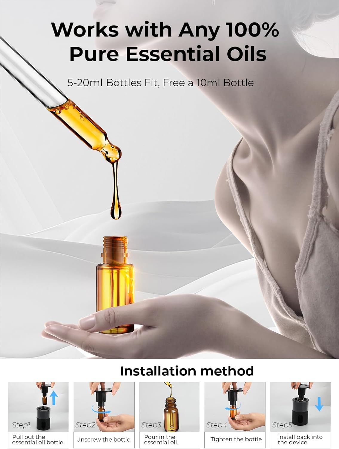 Waterless Diffuser for Essential Oil: Mini Battery Scent Diffuser for Room&Home&Car with 9 Colors LED Light - Aroma Cool Mist Obsidian Black