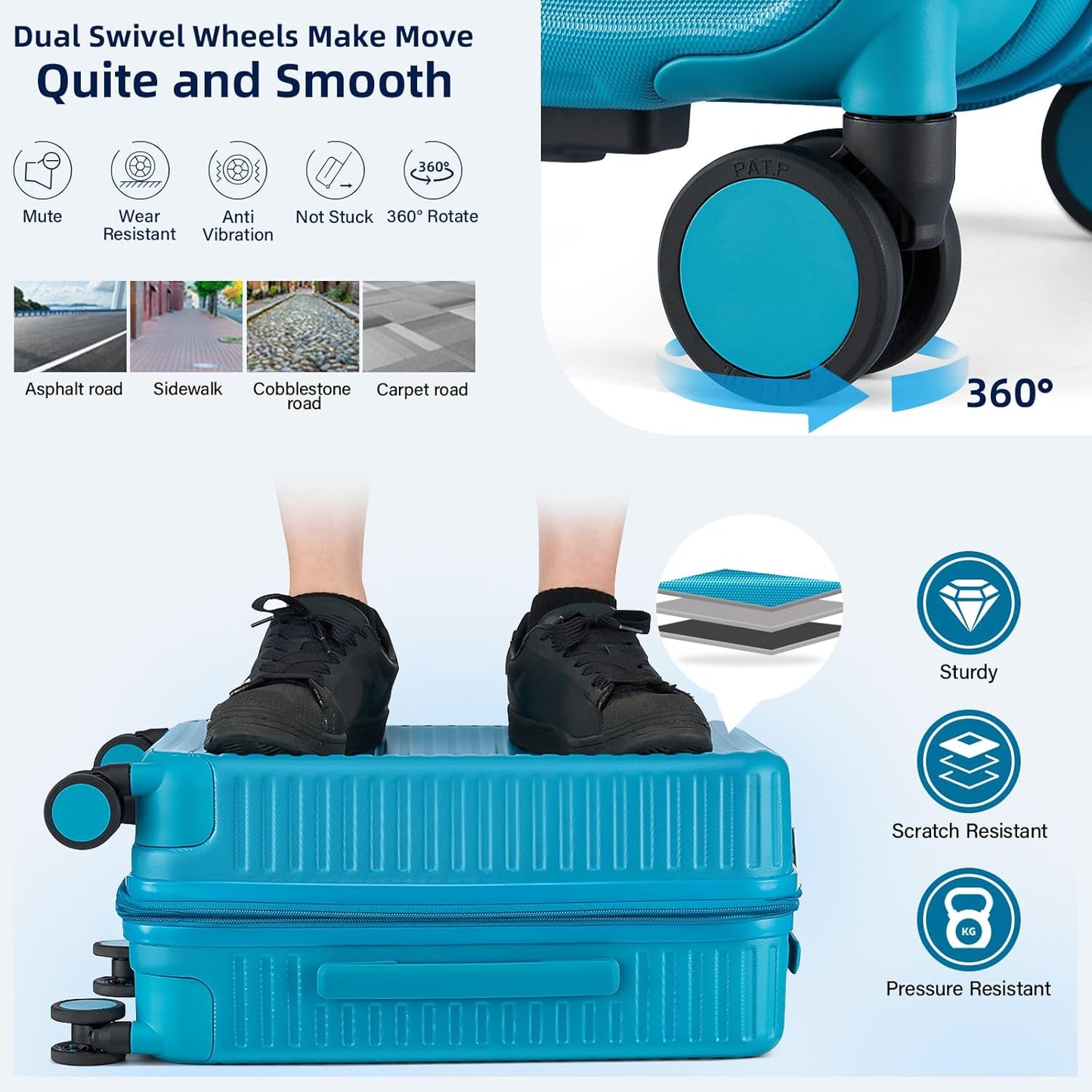 Hard Shell Suitcases Travel Expandable Luggage, 24 Inch Check in Luggage with Spinner Wheels Cup Holder Charger Built in, Checked Medium Suitcase Lightweight Suitcases, Caribbean Blue