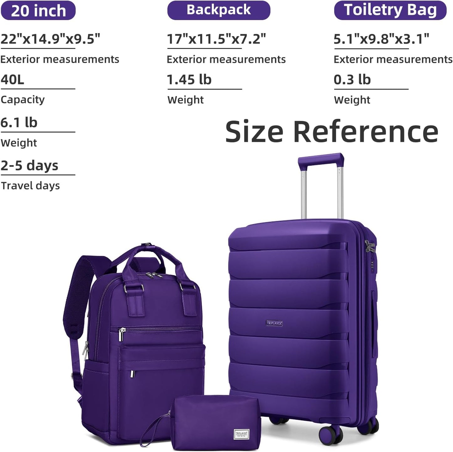 Carry On Luggage 22x14x9 Airline Approved, 22 Inch PP Hardshell Luggage Carry-on Suitcase with Spinner Wheels, Carry On Suitcase Set for Women(Purple)