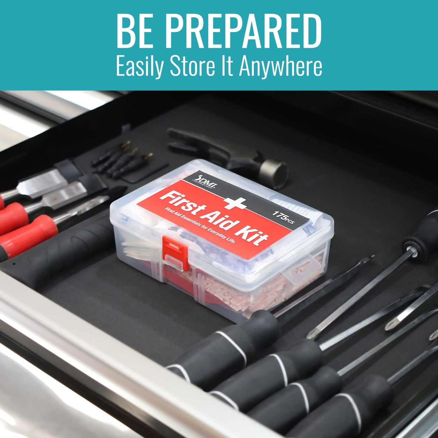 DMI 175-Piece First Aid Kit for Minor Injuries, Cuts and Scrapes, All-Purpose, Portable and Convenient, Includes Bandages, Injury Treatment, Dressings, and Instruments, HSA & FSA Eligible