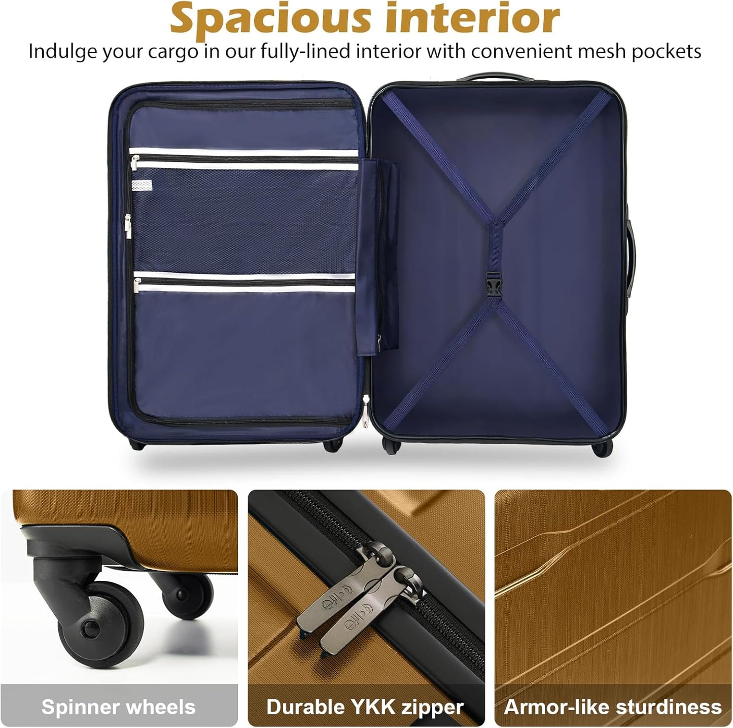 Coolife Luggage PC+ABS Hardshell Suitcase with TSA Lock, Spinner Carry On Lightweight (Black brown, 20in)