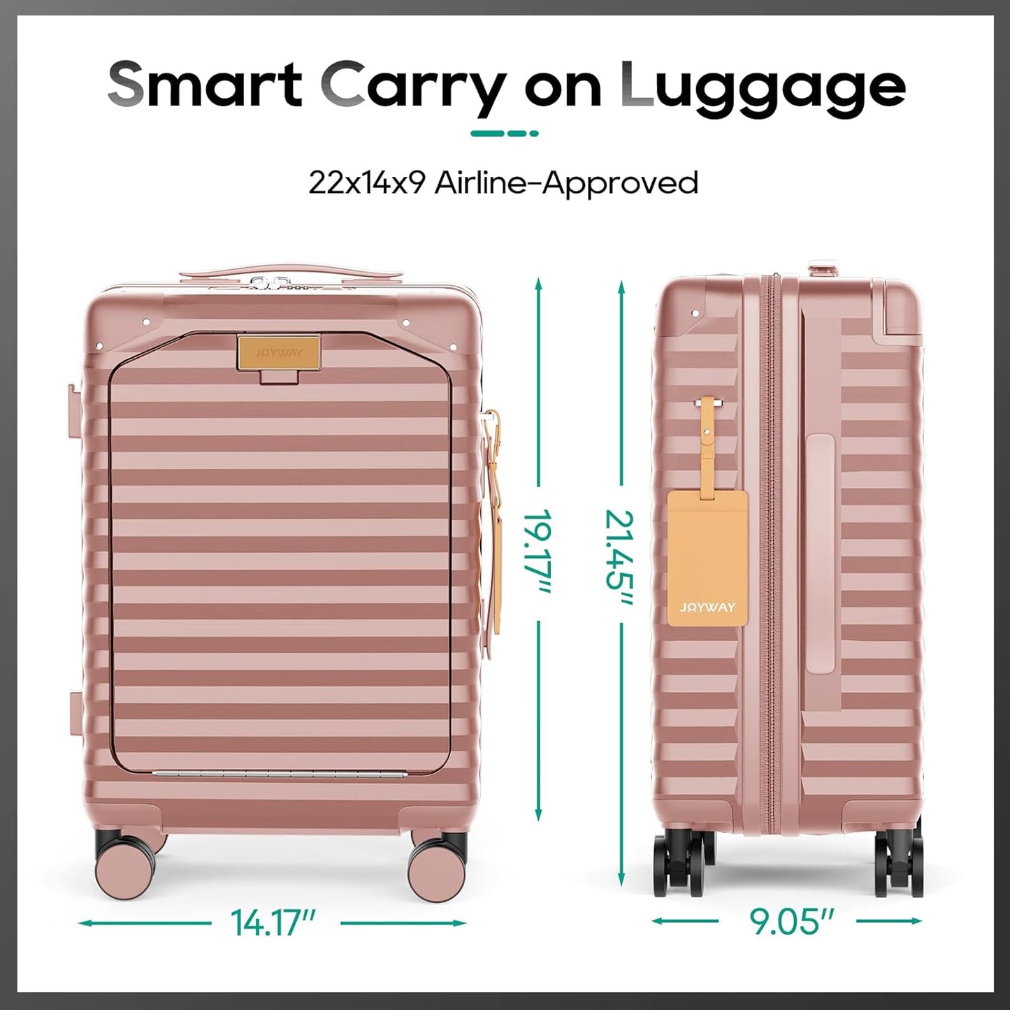 Joyway 20 Inch Carry on Luggage with Front Pocket, PC Hardshell Carry-on Suitcase with USB Port and Cup Holder, 21.5x14.2x9 Airline Approved, Luggage with Spinner Wheels and TSA Lock (Rosa Gold)
