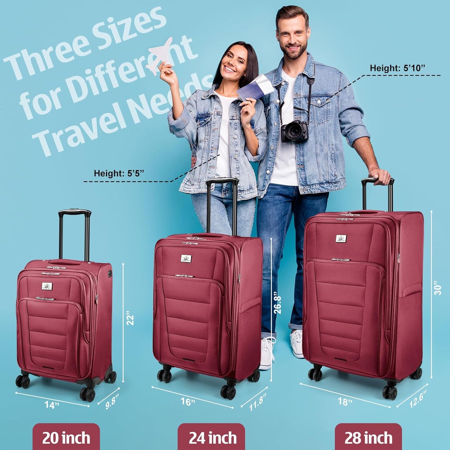 Verdi Luggage Set 3-Piece Suitcase with Spinner Wheel Softside Expandable, Carry On Luggage with USB Port (Burgundy, 3-Piece set(20/24/28))