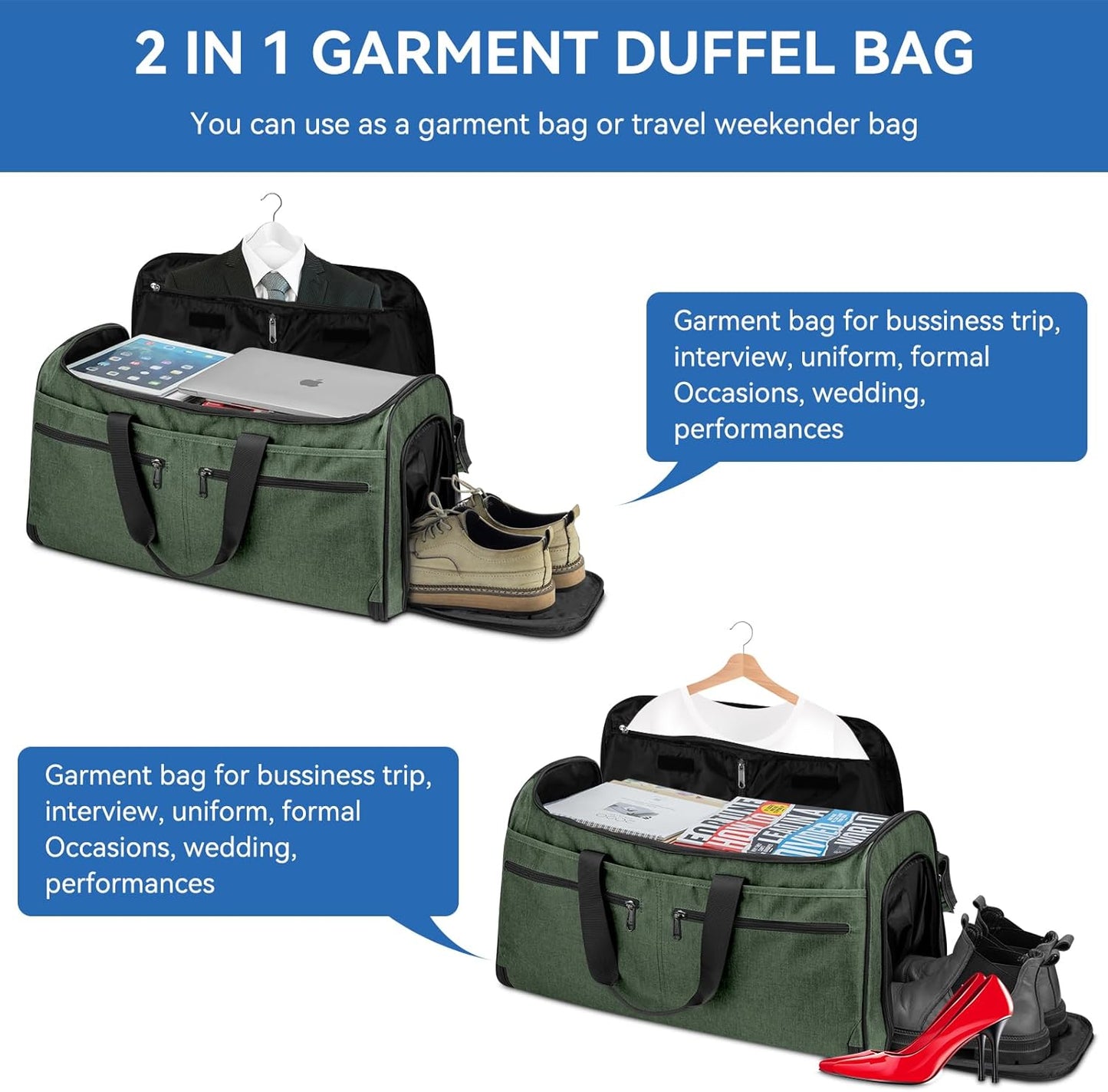 Bukere Garment Bags for Travel, Large Convertible Garment Duffel Bag for Men Women, Shoe Compartment, 2 in 1 Hanging Dress Suitcase Suit Travel Bags