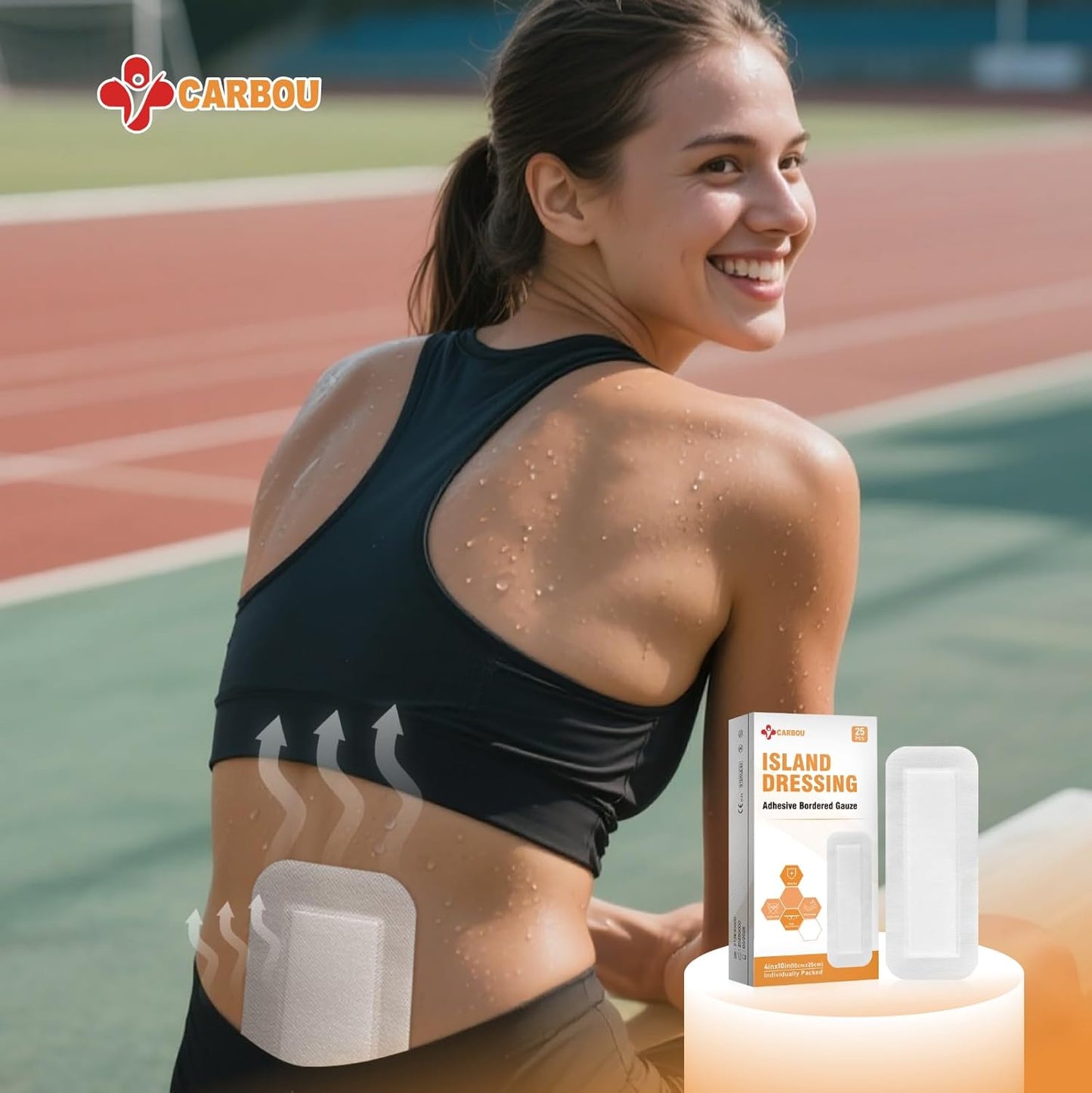 Carbou Island Dressing Bordered Gauze 4"x10" - 25 Sterile Individually Wrapped Pads | Non-Stick Center with Water-Resistant Adhesive Border | Medical Grade Non-Woven Backing for Wound Care & First Aid