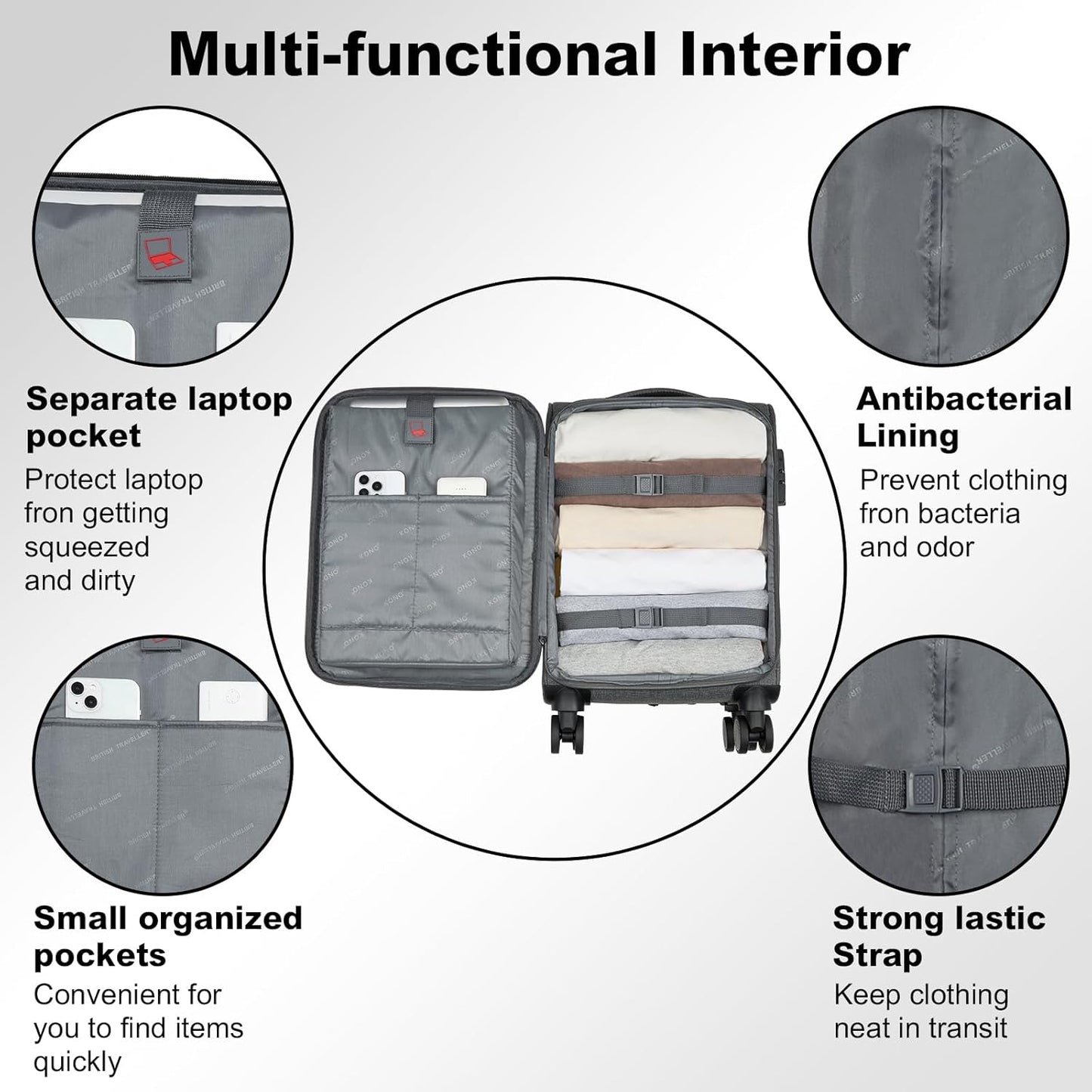 Kono 20 Inch Softside Carry On Luggage Airline Approved 20 Inch Spinner Wheels Lightweight Waterproof Suitcase with TSA Lock for Business Travel (Small, Grey)