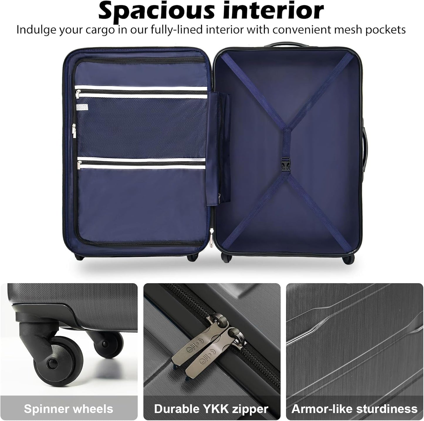 Coolife Luggage PC+ABS Expandable Hardshell Suitcase with TSA Lock, Spinner Checked Lightweight (Charcoal, 28in)