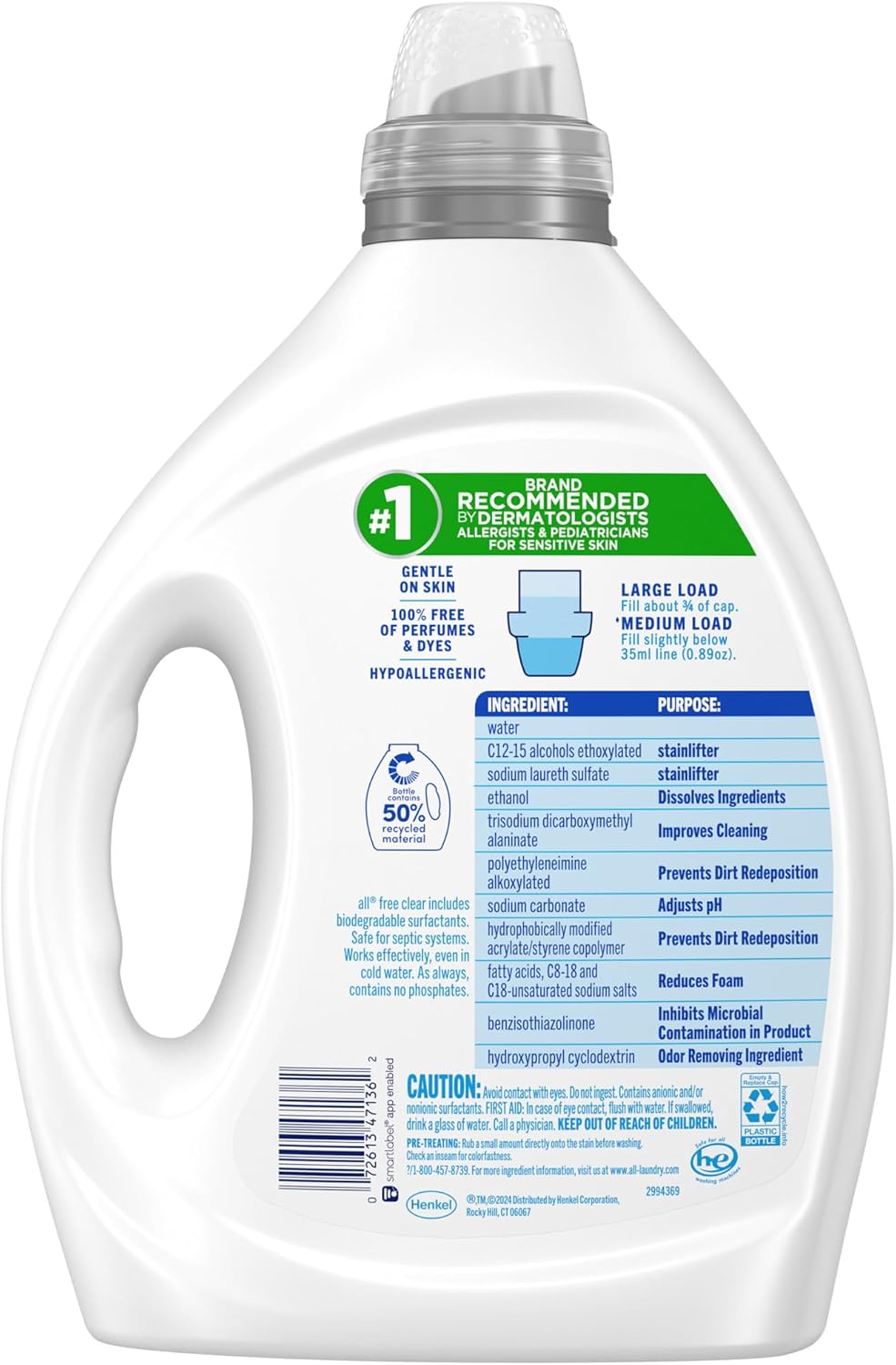 all Laundry Detergent Liquid, Free Clear for Sensitive Skin, Odor Relief, Unscented and Hypoallergenic, 2X Concentrated, 90 Loads