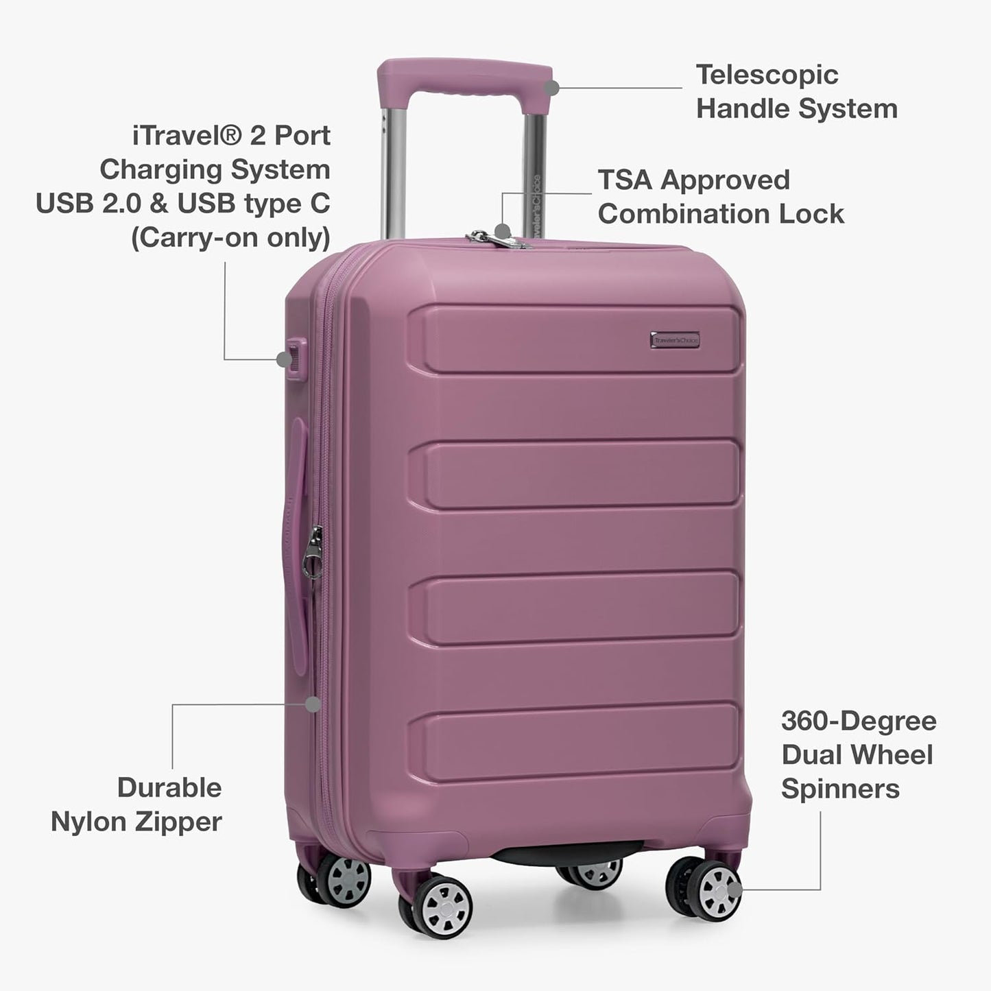 Traveler's Choice Pagosa Indestructible Hardshell Expandable Spinner Luggage, Mauve, 22-Inch Carry-on