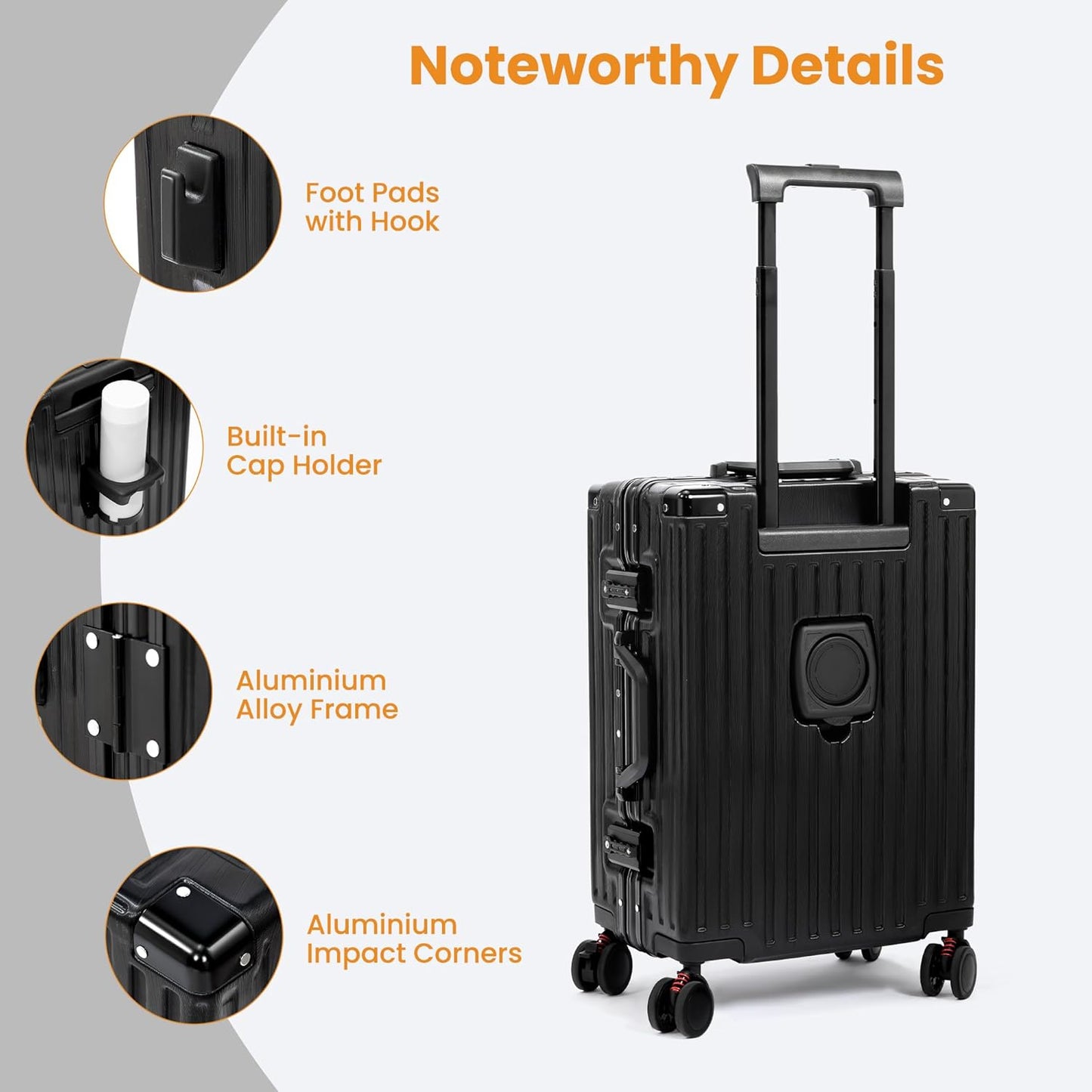 26 Inch Checked Luggage with Spinner Wheels, No Zipper Aluminum Frame Hard Shell Suitcases with TSA Lock, PC+ABS Lightweight Large Suitcase for Travel (Black)