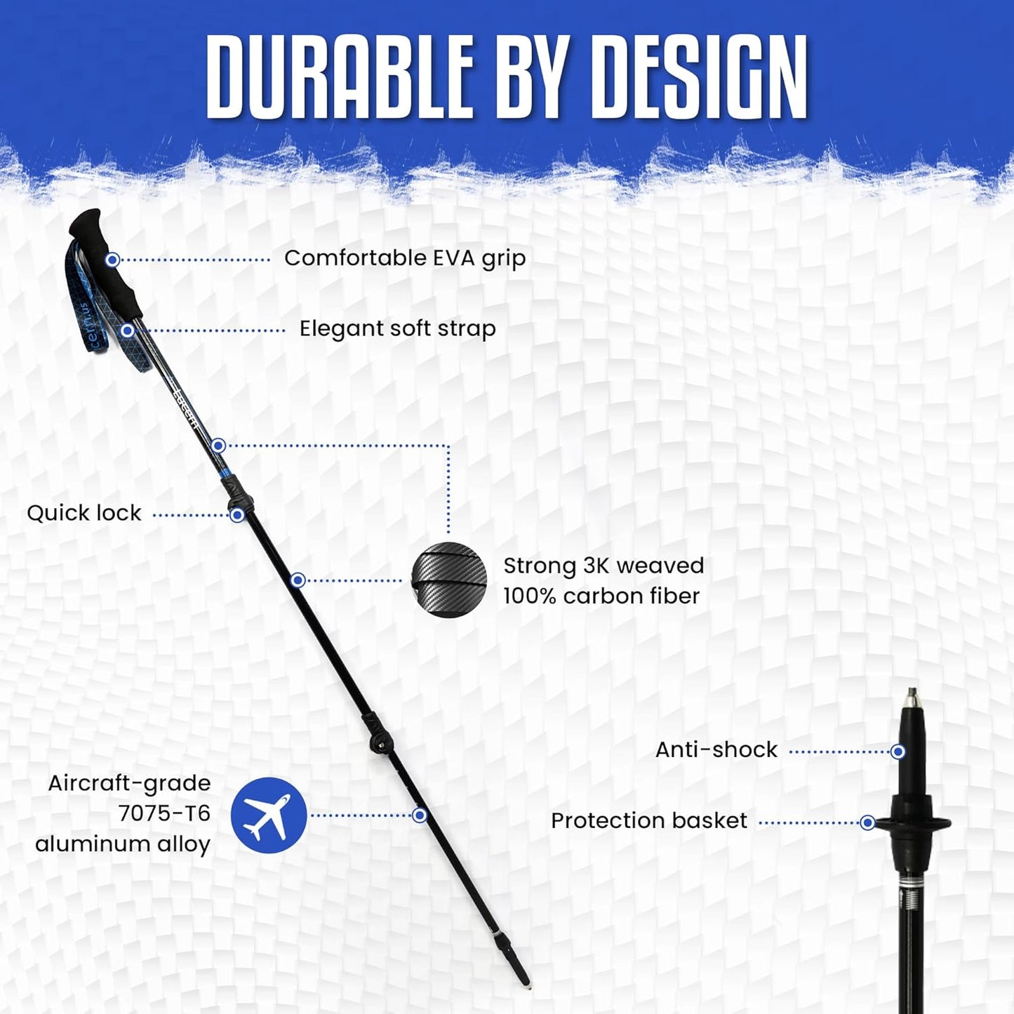 Lucern 5.7 oz Extreme Ultra Lightweight Anti-Shock Carbon Trekking Poles - Incredibly Durable, Supremely Comfortable, Optimally Safe, Fit Carry-on Luggage. Ideal for Backpacking, Long Hiking.