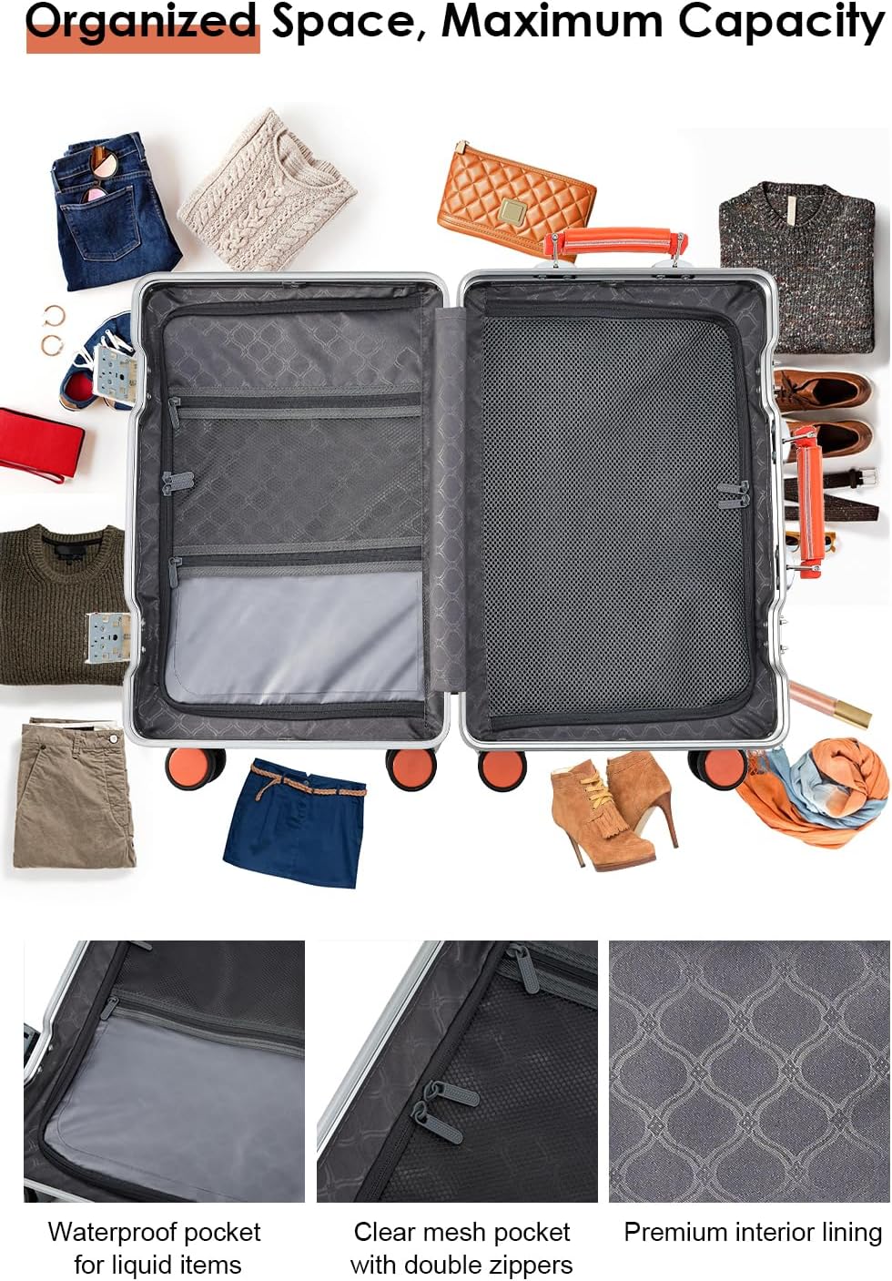 24 Inch Hardside Checked Luggage with Leather Handle, PC Zipperless Suitcase with Spinner Wheels and TSA Locks, Lightweight Checked Luggage for Travel