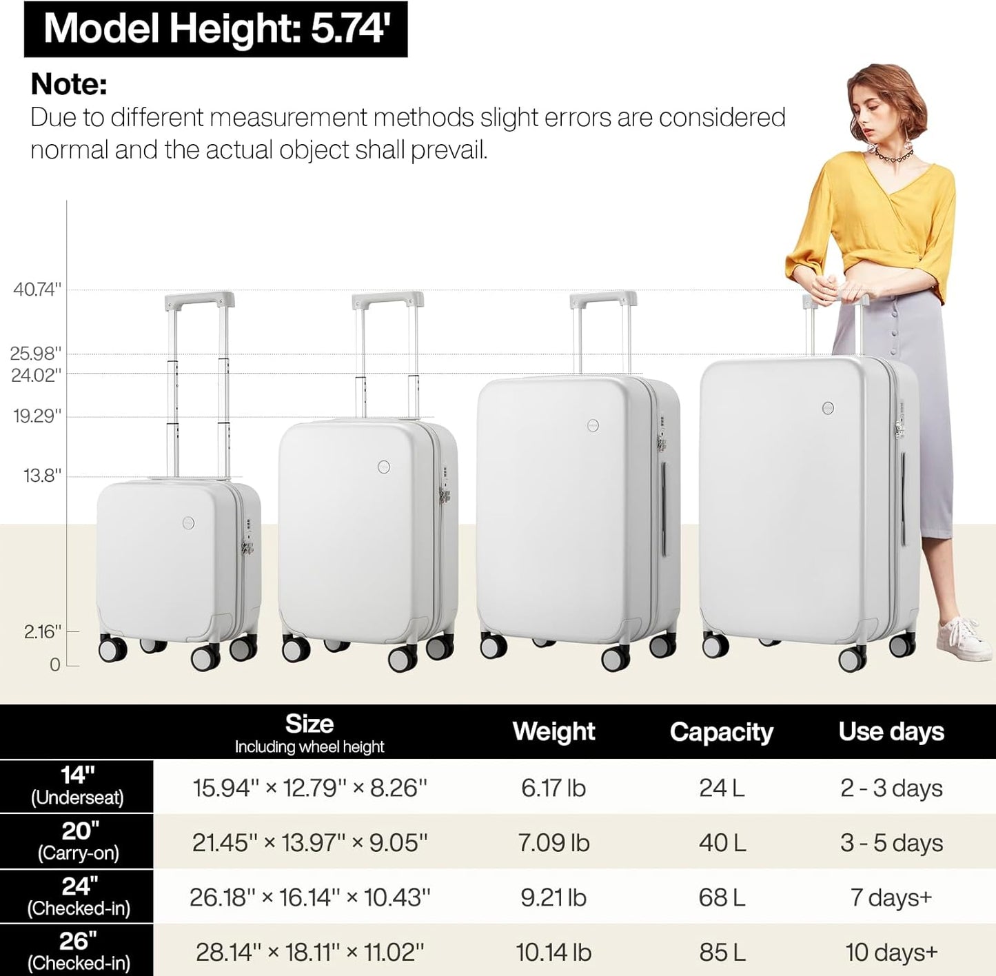 mixi Upgrade Carry on Luggage Suitcases with Spinner Wheels, Hardside Rolling Suitcase PC with TSA Lock Lightweight Travel Case 20in Carry-On, Fine Grid Smoke White