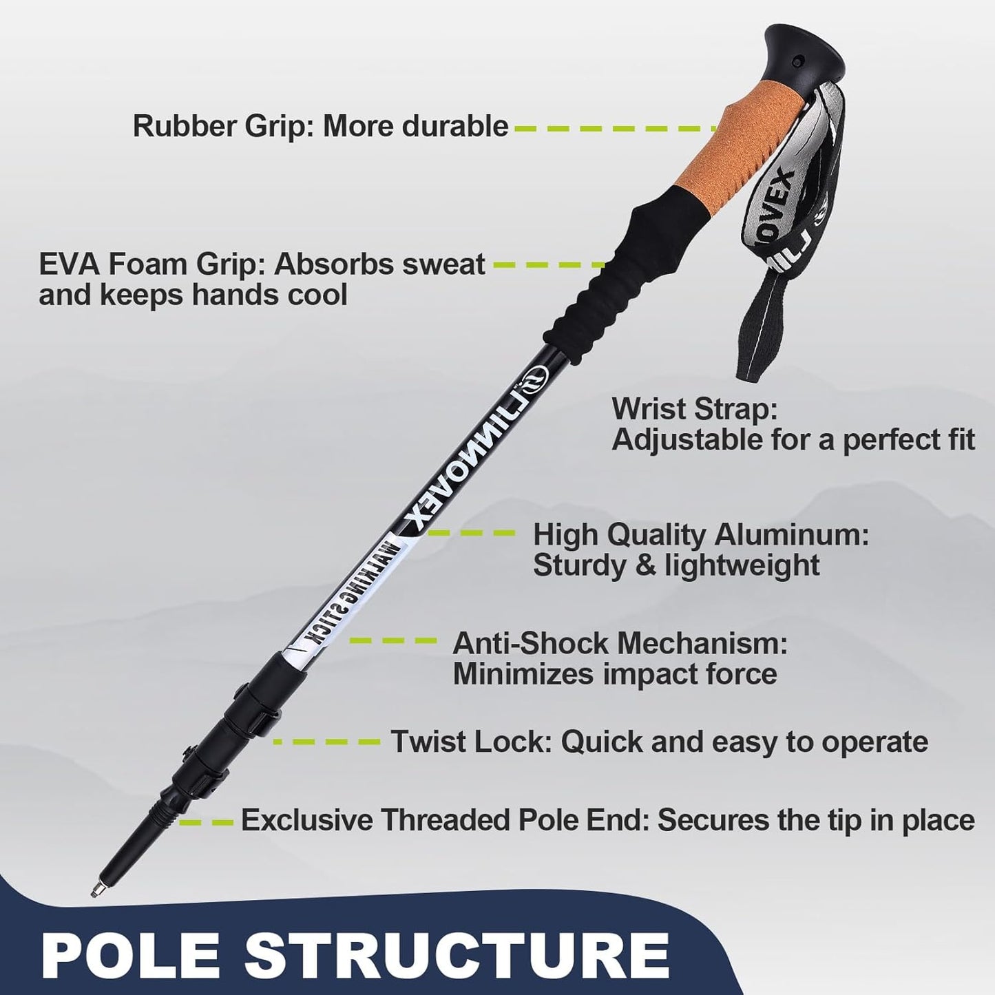 Trekking Poles - Lightweight, Collapsible, Adjustable Hiking Poles with Quick Flip Lock, 7075 Aluminum, Natural Cork Grip, Anti Shock Walking Sticks for All Terrain, Men and Women, 2 Pack