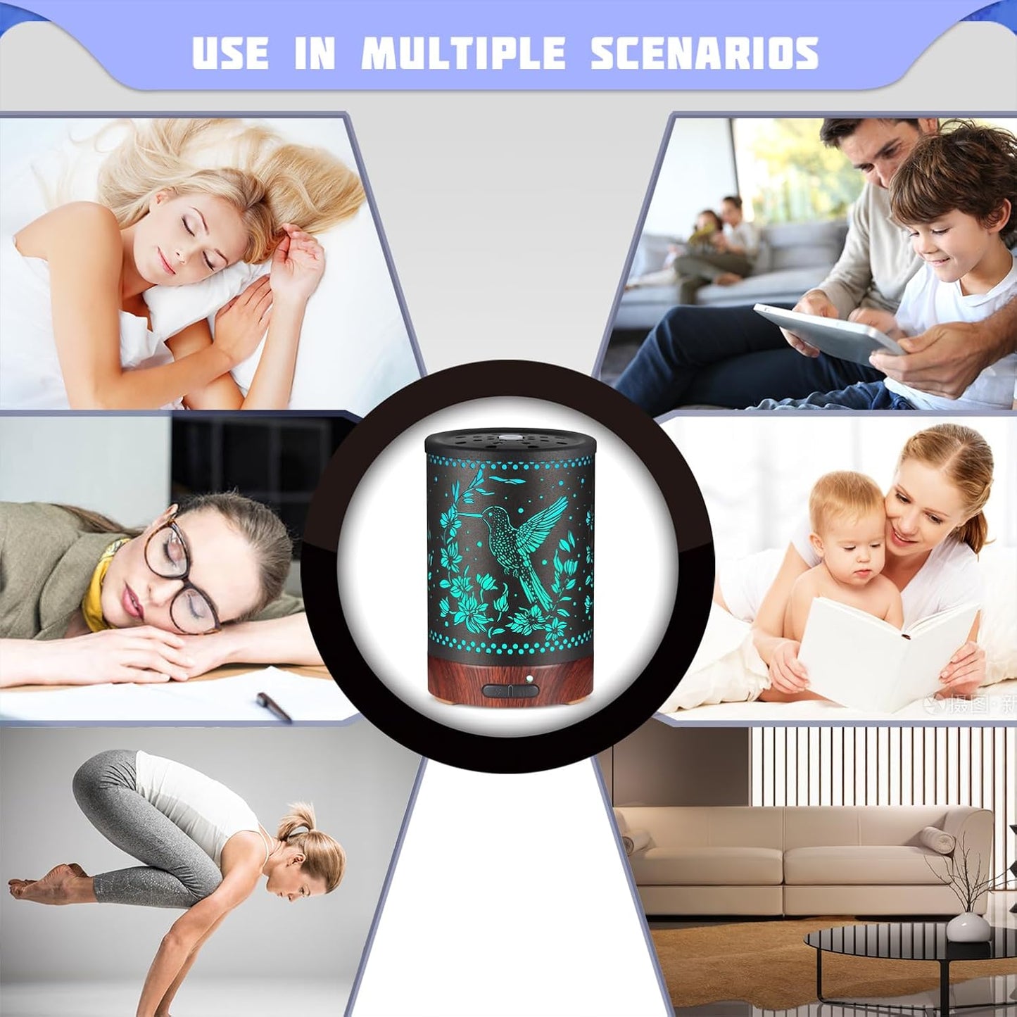 Metal Essential Oils Diffuser 150ML Aromatherapy Diffuser Cool Mist Humidifier with 7 Colors Lights Waterless Auto Off Air Diffusers as Gifts for Moms Women Girls (E-Hummingbird)