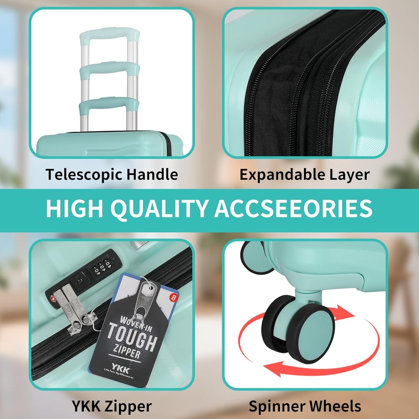 5-Piece Luggage Set, Lightweight ABS+PC Hard Shell Suitcase with YKK Zipper & TSA Lock for Family, MInt Green, 14in/18in/20in/24in/28in