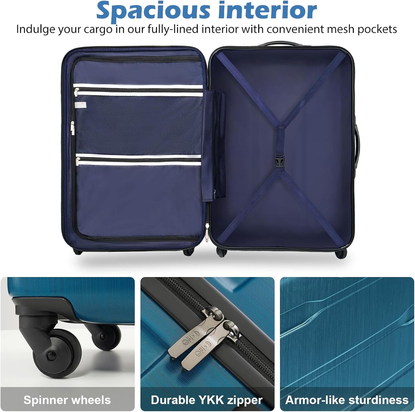 Coolife Luggage PC+ABS Hardshell Suitcase with TSA Lock, Spinner Checked Lightweight (Caribbean Blue, 24in)