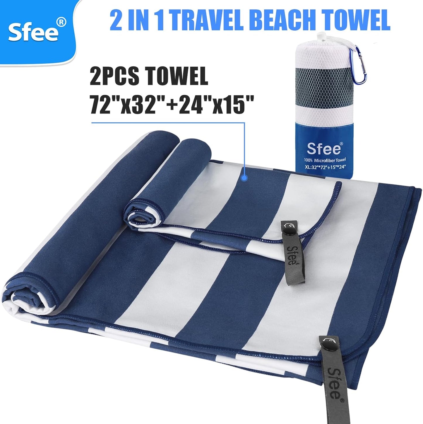Sfee 2 in 1 Microfiber Oversized Beach Towel, Quick Dry Towel Travel Towel Camping Towel Super Absorbent Compact Lightweight Sports Gym Towels for Beach,Gym, Hiking, Pool, Backpacking, Bath, Yoga