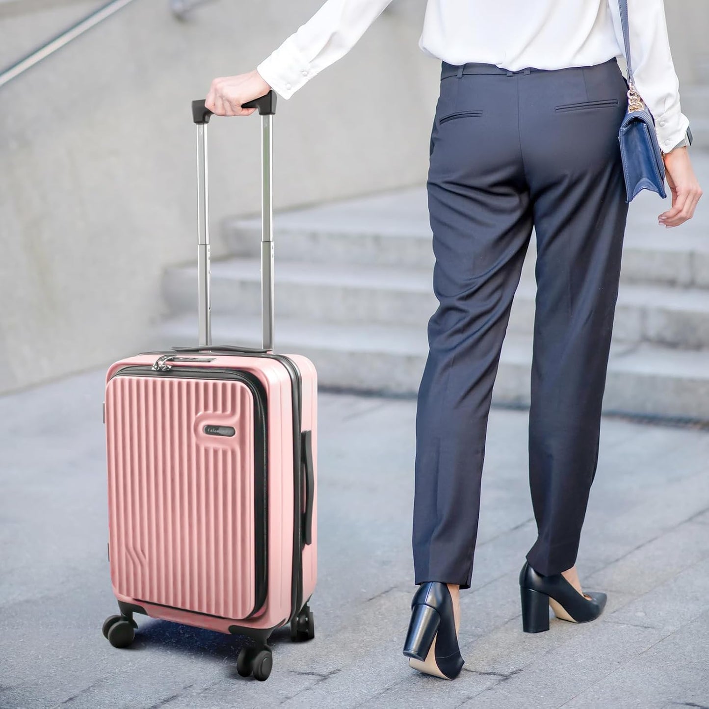 19-Inch Hardshell Carry-On Luggage with Front Compartment, 360-Degree Spinner Wheels, TSA Lock, Cup Holder & Bag Hook - Airline Approved Business Travel Suitcase (pink)